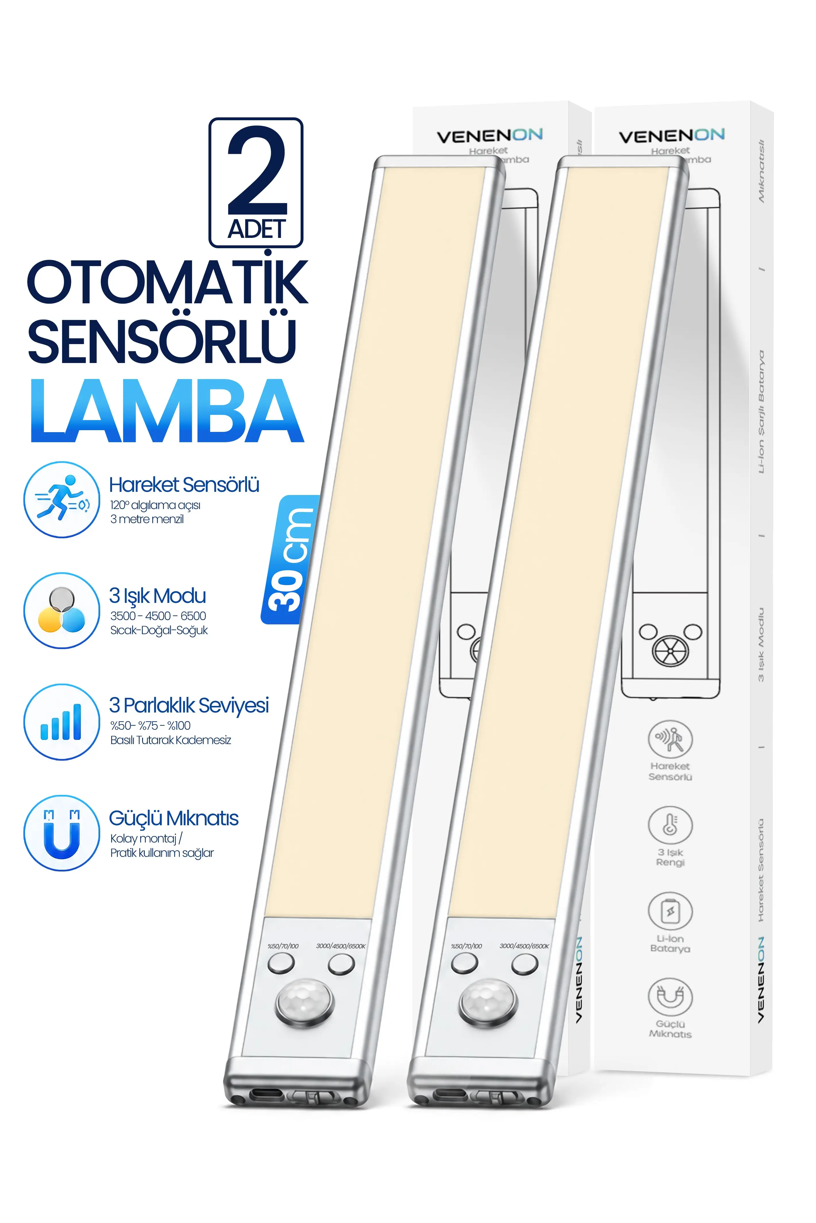 2 Adet Hareket Sensörlü Lamba Şarjlı LED Dolap Altı Lambası 2200 mAh Manyetik 3 Renk Kablosuz 1015