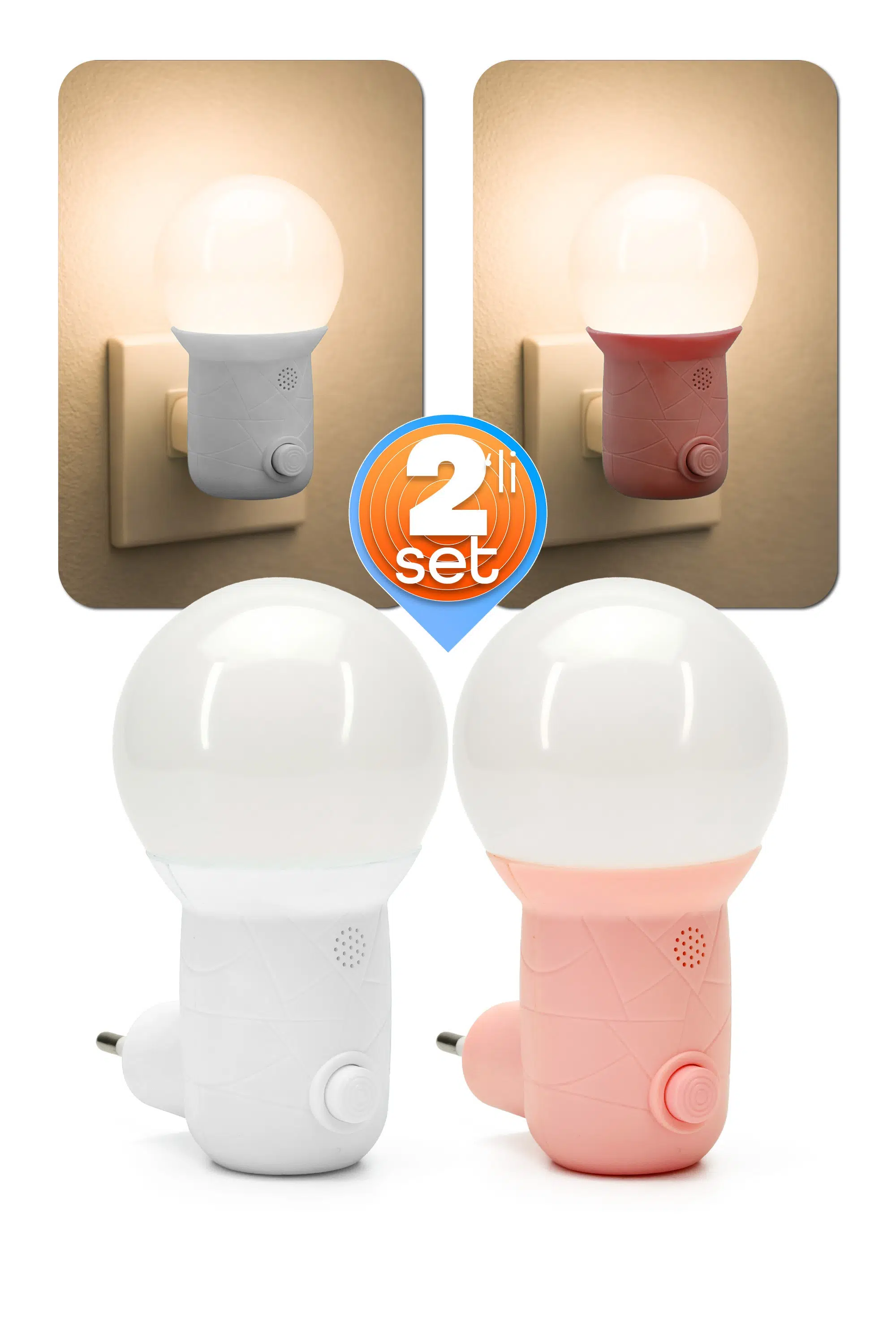 2li Gece Lambası Kubbe Tip 2 MOD Sarı-Beyaz Işık Koridor Hol Işığı Uyuma Işığı Beyaz+Pembe GC11