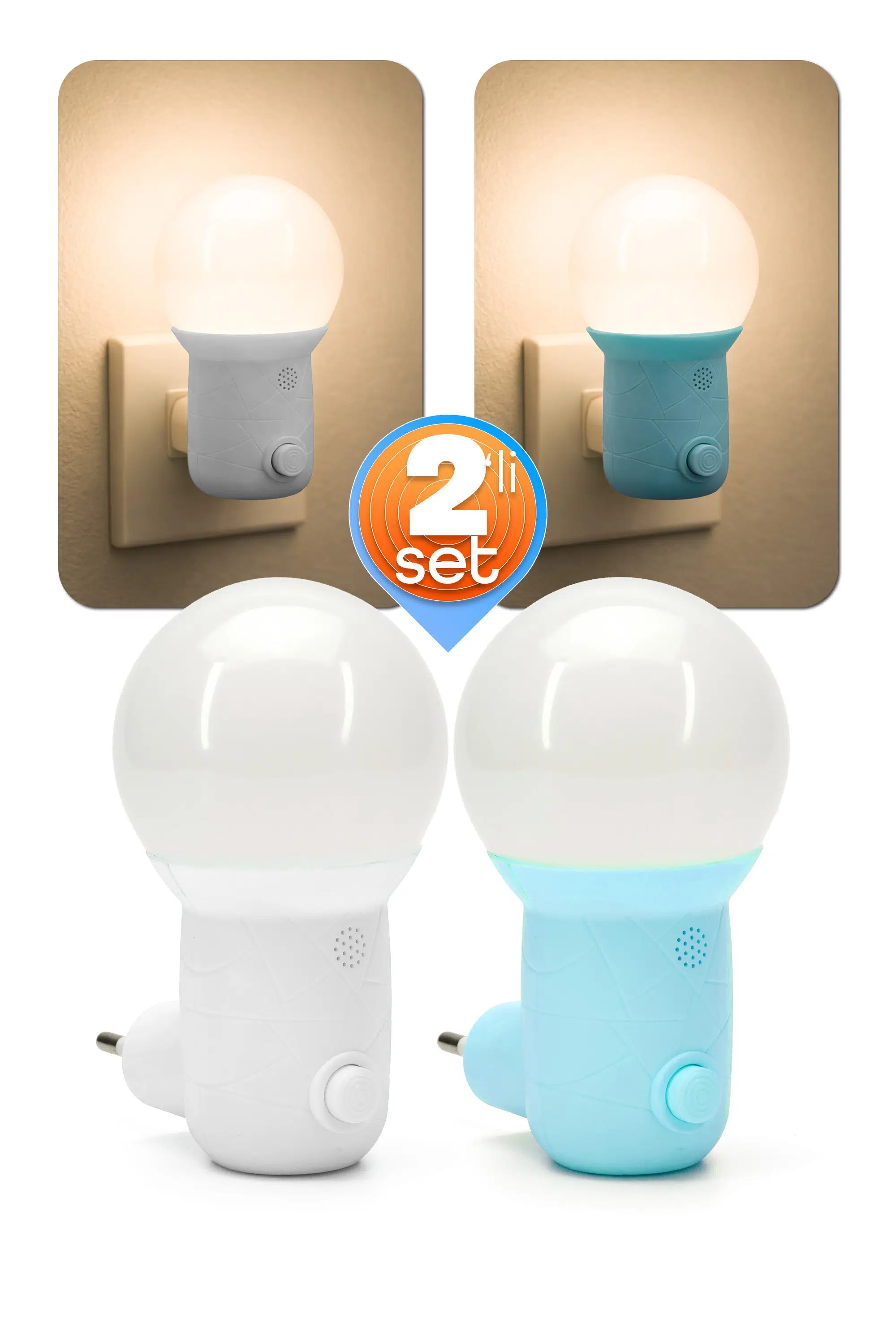 2li Gece Lambası Kubbe Tip 2 MOD Sarı-Beyaz Işık Koridor Hol Işığı Uyuma Işığı Beyaz+Turkuaz GC11