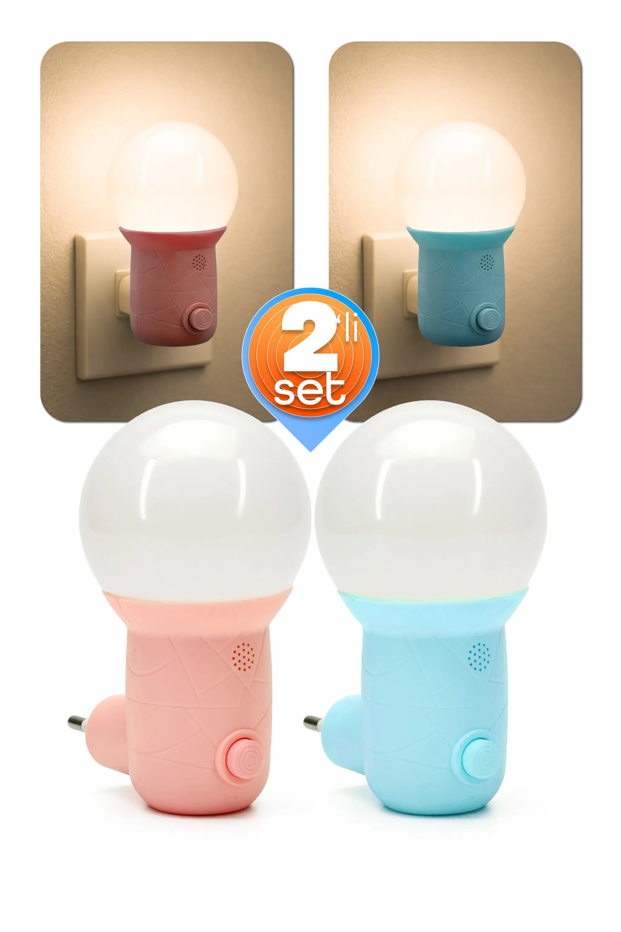 2li Gece Lambası Kubbe Tip 2 MOD Sarı-Beyaz Işık Koridor Hol Işığı Uyuma Işığı Pembe+Turkuaz GC11