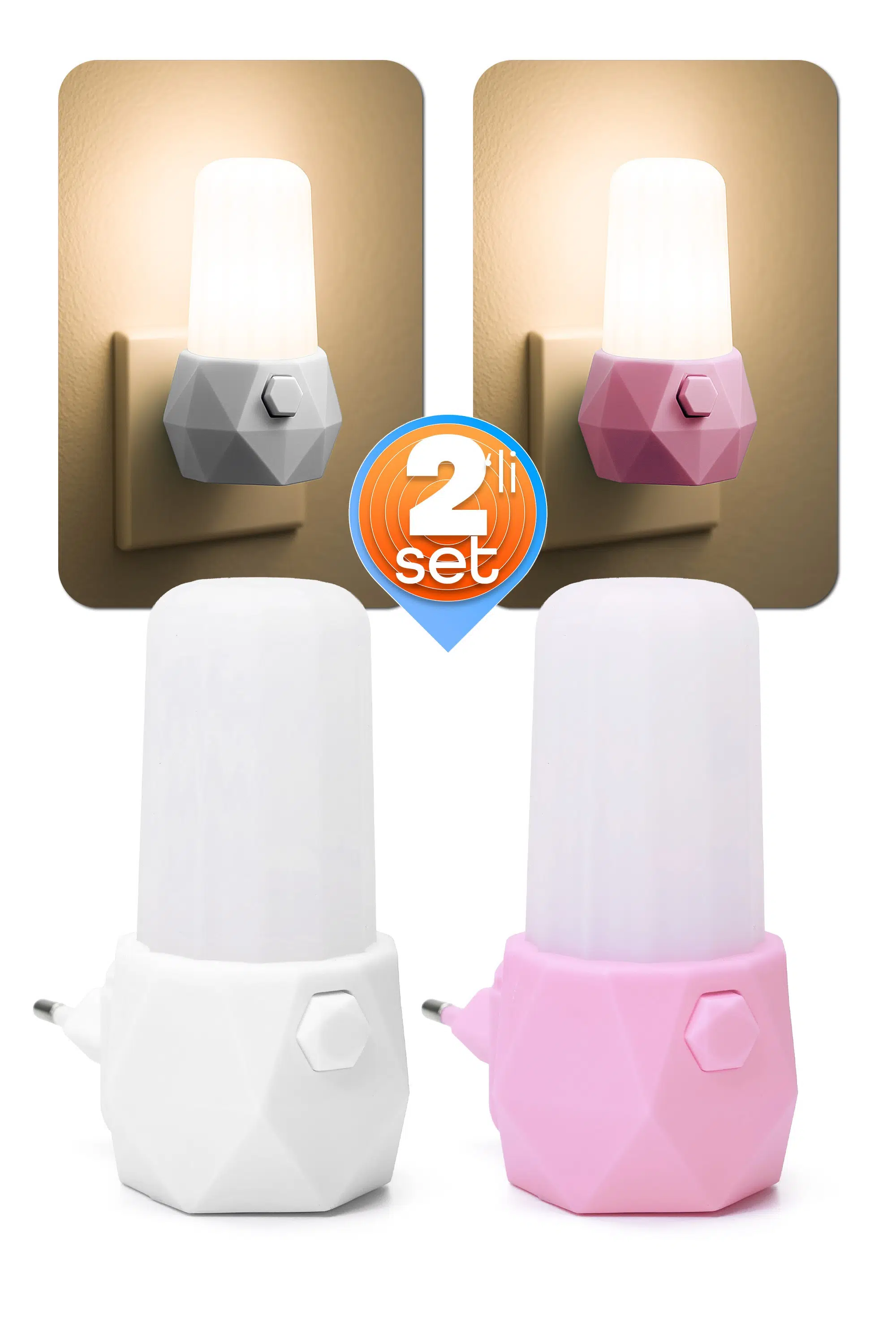 2li Gece Lambası Prizma Tip 2 MOD Sarı-Beyaz Işık Koridor Hol Işığı Uyuma Işığı Beyaz + Pembe GC07