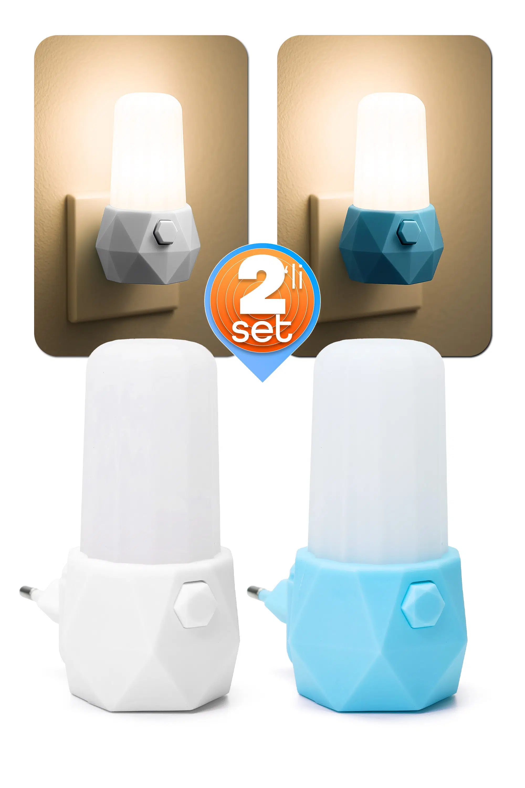 2li Gece Lambası Prizma Tip 2 MOD Sarı-Beyaz Işık Koridor Hol Işığı Uyuma Işığı Beyaz + Turkuaz GC07