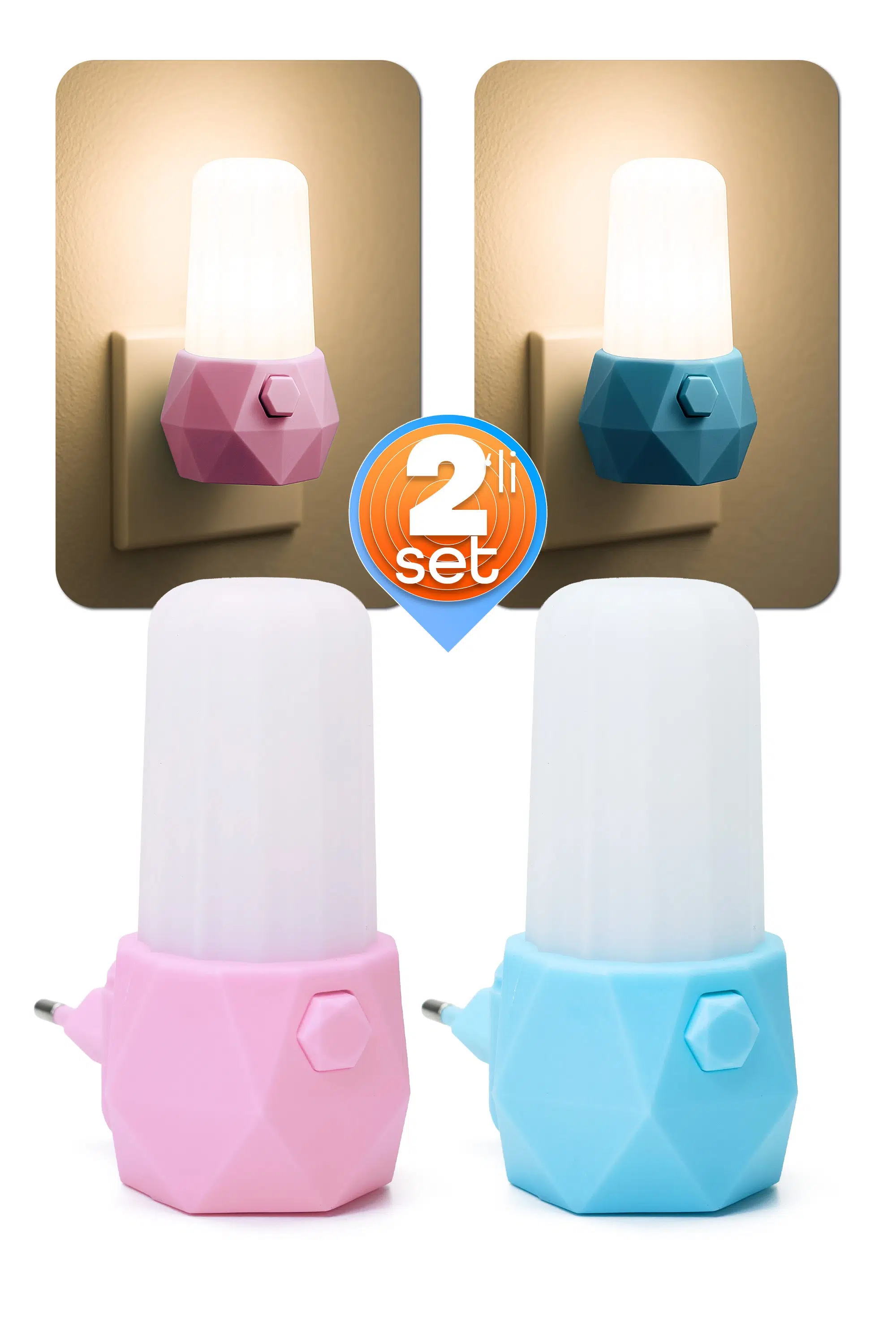 2li Gece Lambası Prizma Tip 2 MOD Sarı-Beyaz Işık Koridor Hol Işığı Uyuma Işığı Pembe + Turkuaz GC07