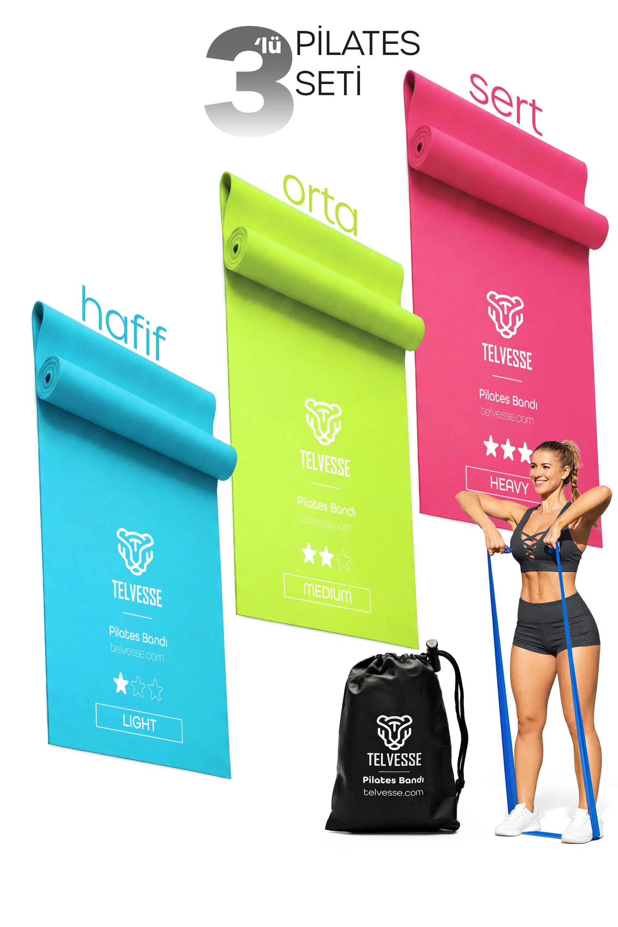 3 Farklı Direnç AÇIK UÇLU Çantalı Pilates Aerobik Egzersiz Squat Lastiği Bant Açık Uç TB3-RGB