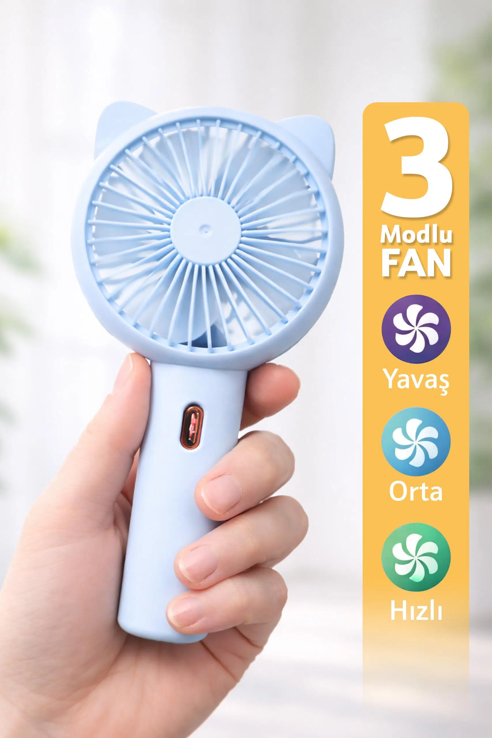 3 MODLU Şarjlı El Fanı 3 Kademe Seyahat Masaüstü Vantilatör Taşınabilir Mini Fan Mavi F136