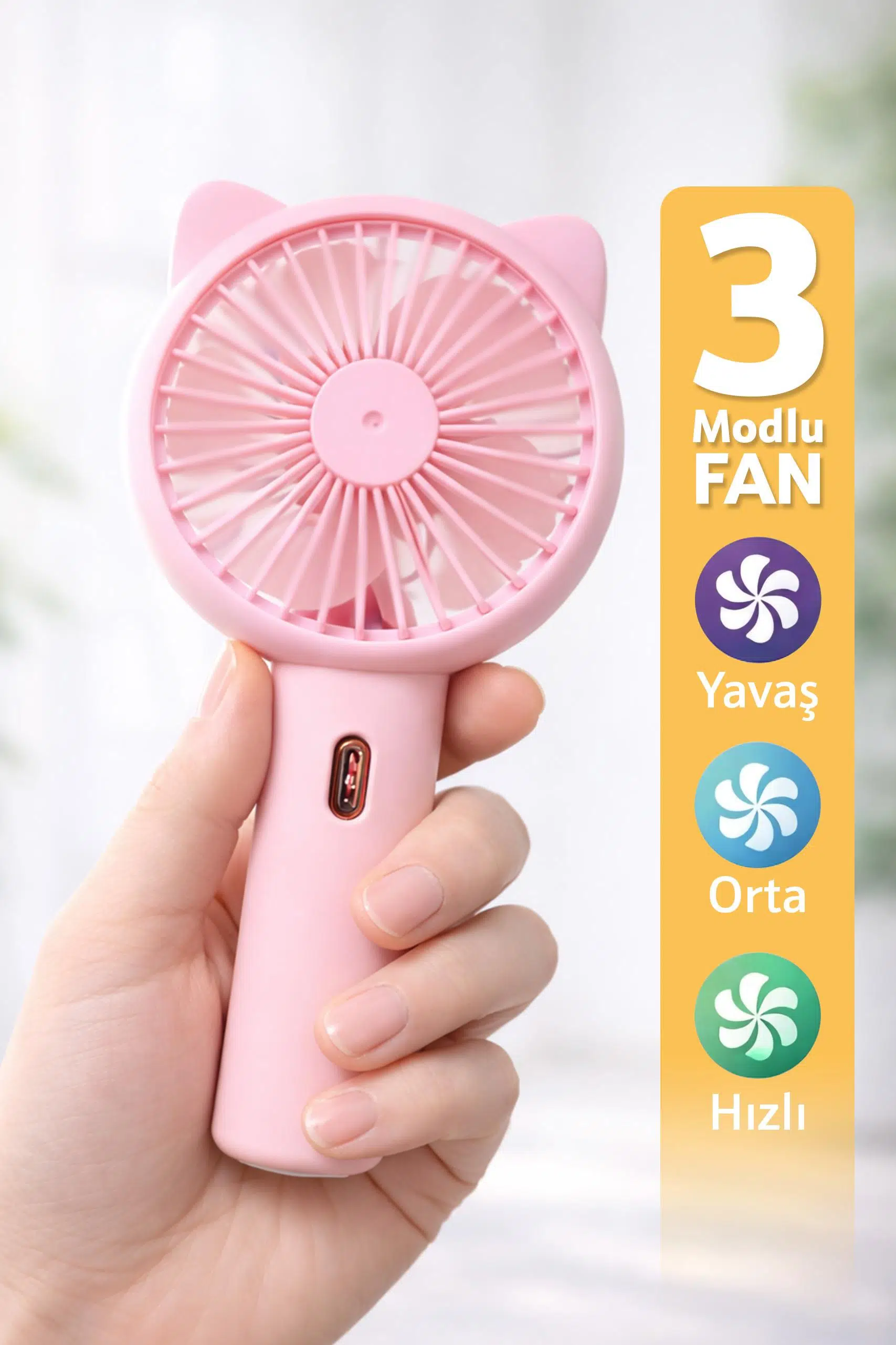3 MODLU Şarjlı El Fanı 3 Kademe Seyahat Masaüstü Vantilatör Taşınabilir Mini Fan Pembe F136