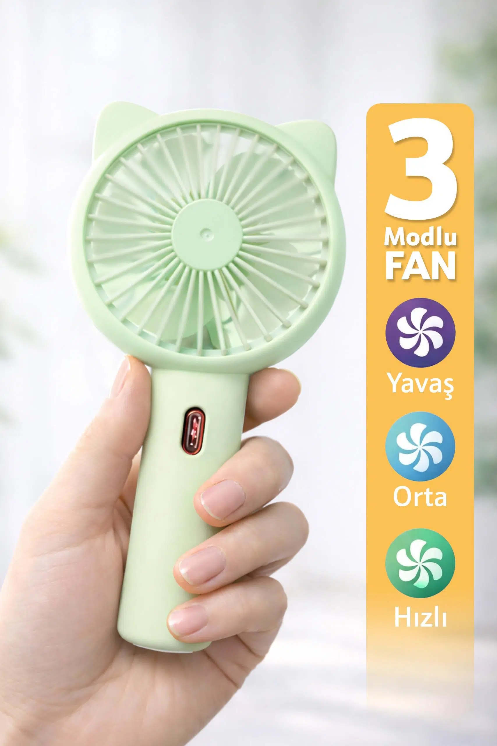 3 MODLU Şarjlı El Fanı 3 Kademe Seyahat Masaüstü Vantilatör Taşınabilir Mini Fan Yeşil F136