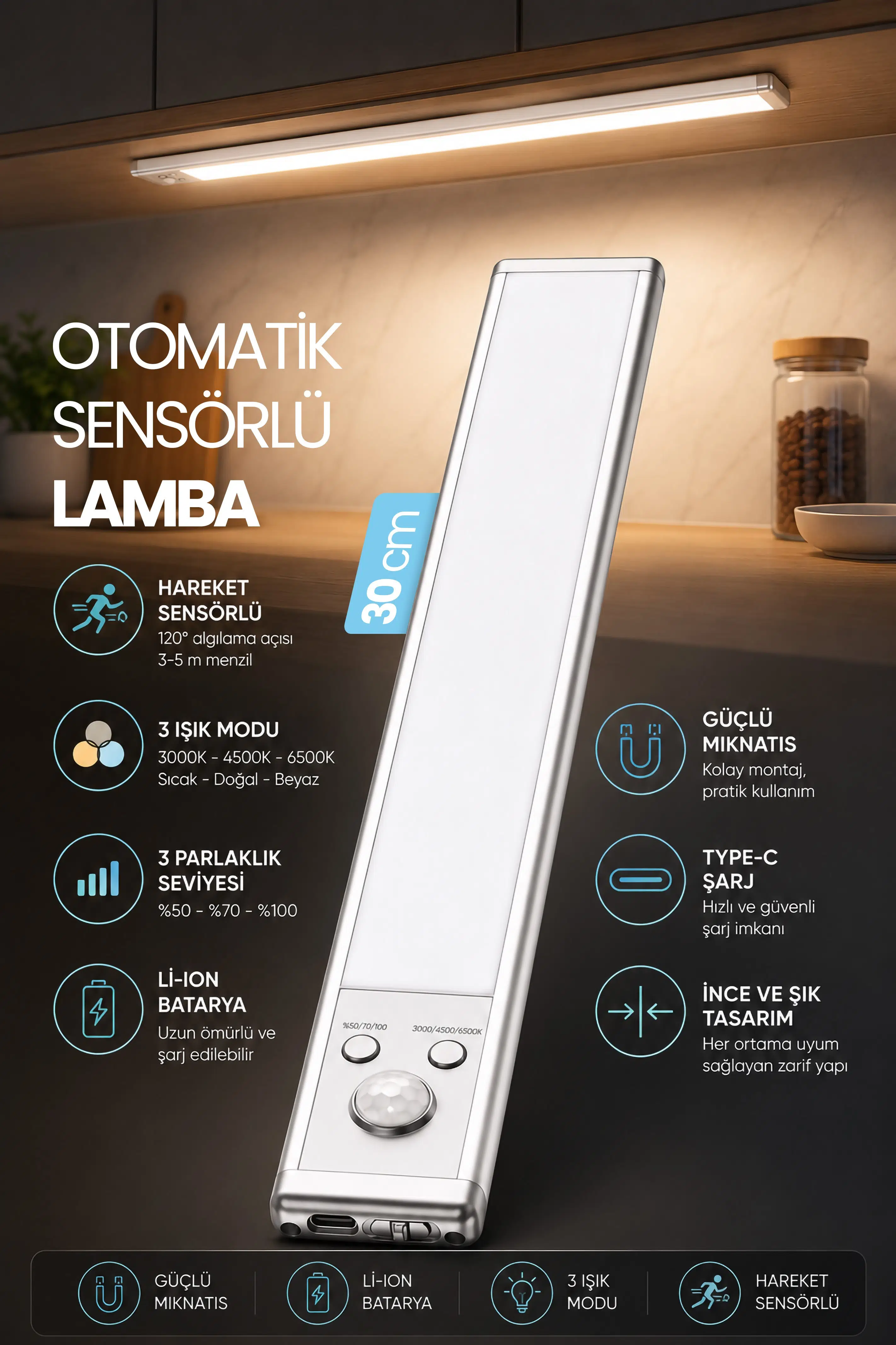 30 cm Hareket Sensörlü Şarjlı LED Dolap Lambası 2200 mAh Şarjlı Manyetik 3 Renk Type-C Kablosuz 1015