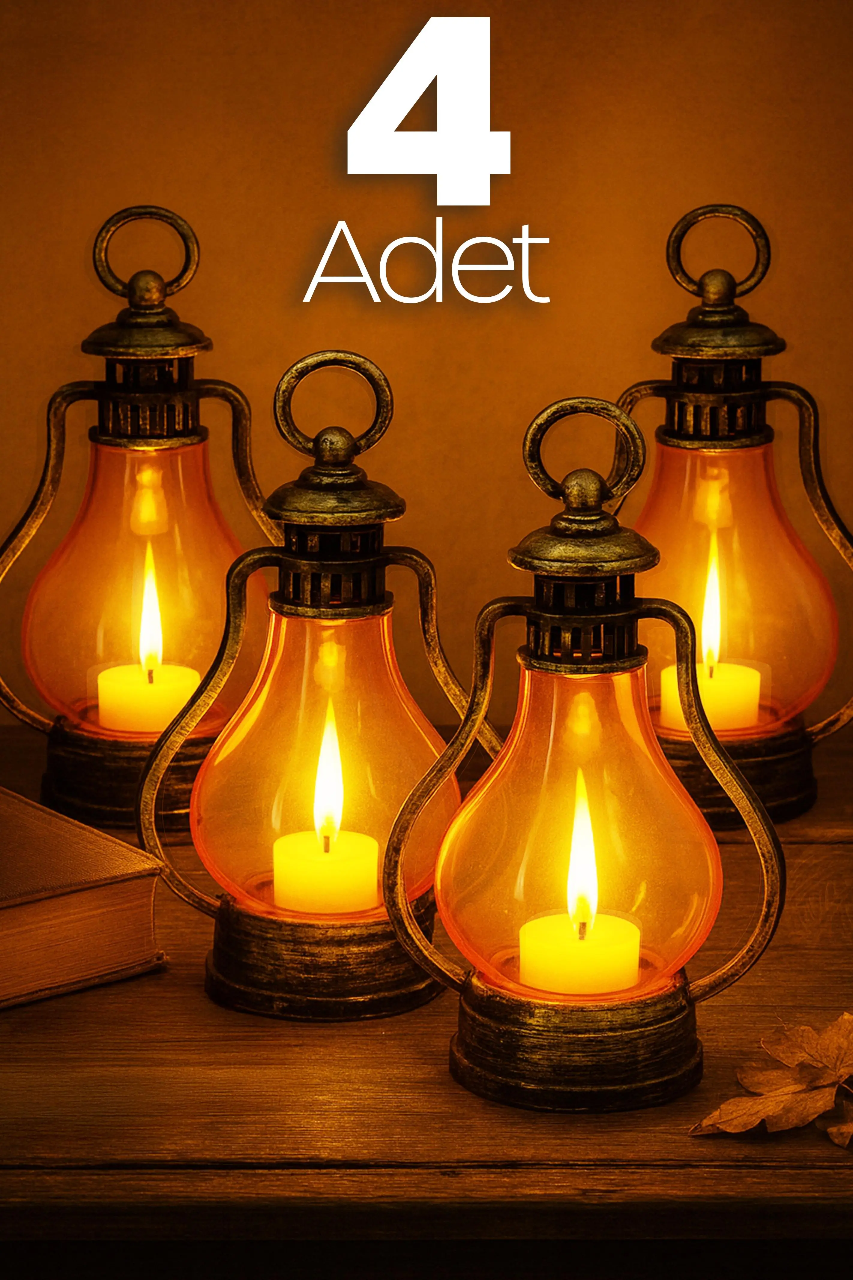 4LÜ Led Mum Vintage Retro Gaz Lambası Tipi Pilli Dumansız Alevli Dekoratif Yapay Mum Lamba Bakır