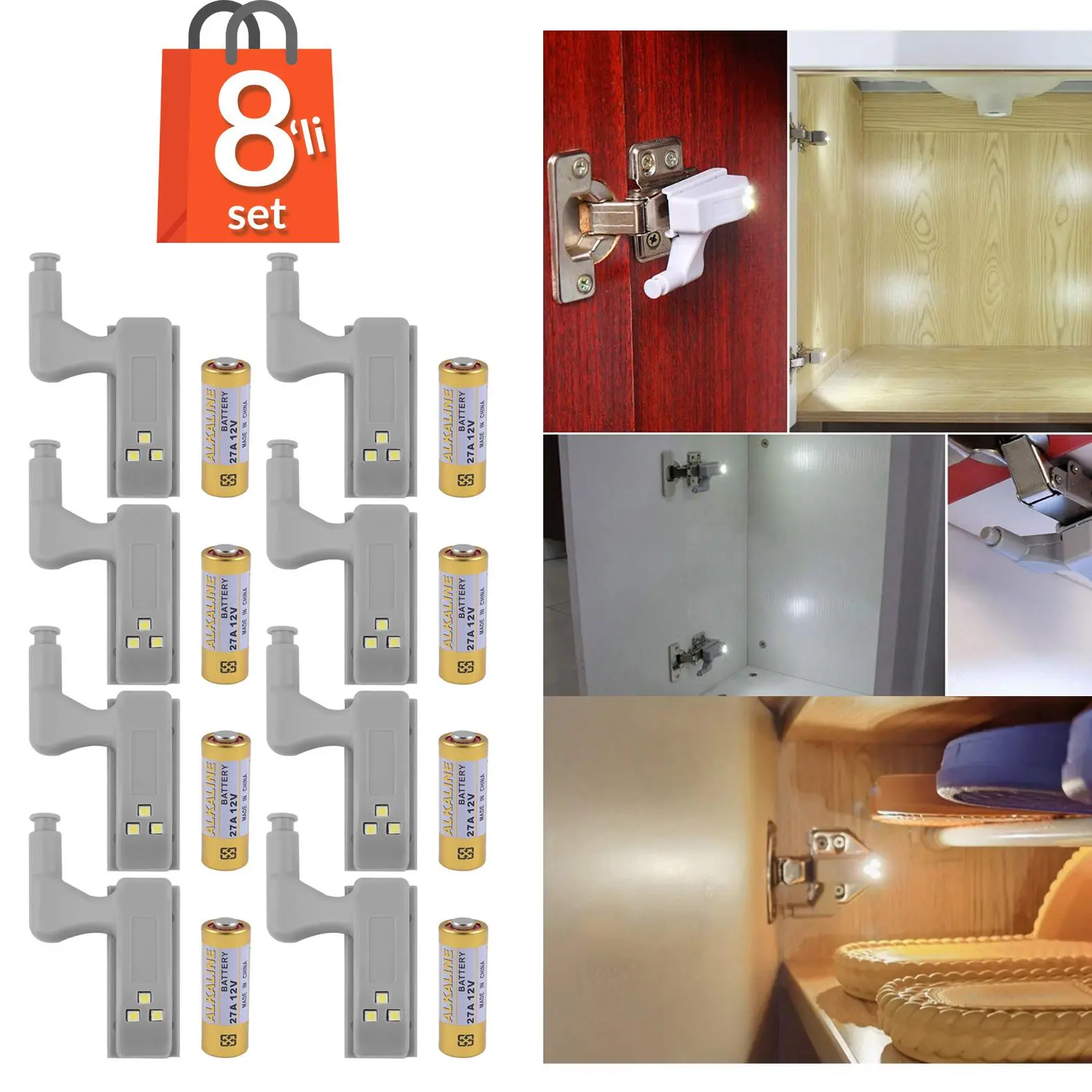 8'li Otomatik Dolap Lambası Mutfak Banyo Gardırop Çekmece İçi Aydınlatma Menteşe Lambası 