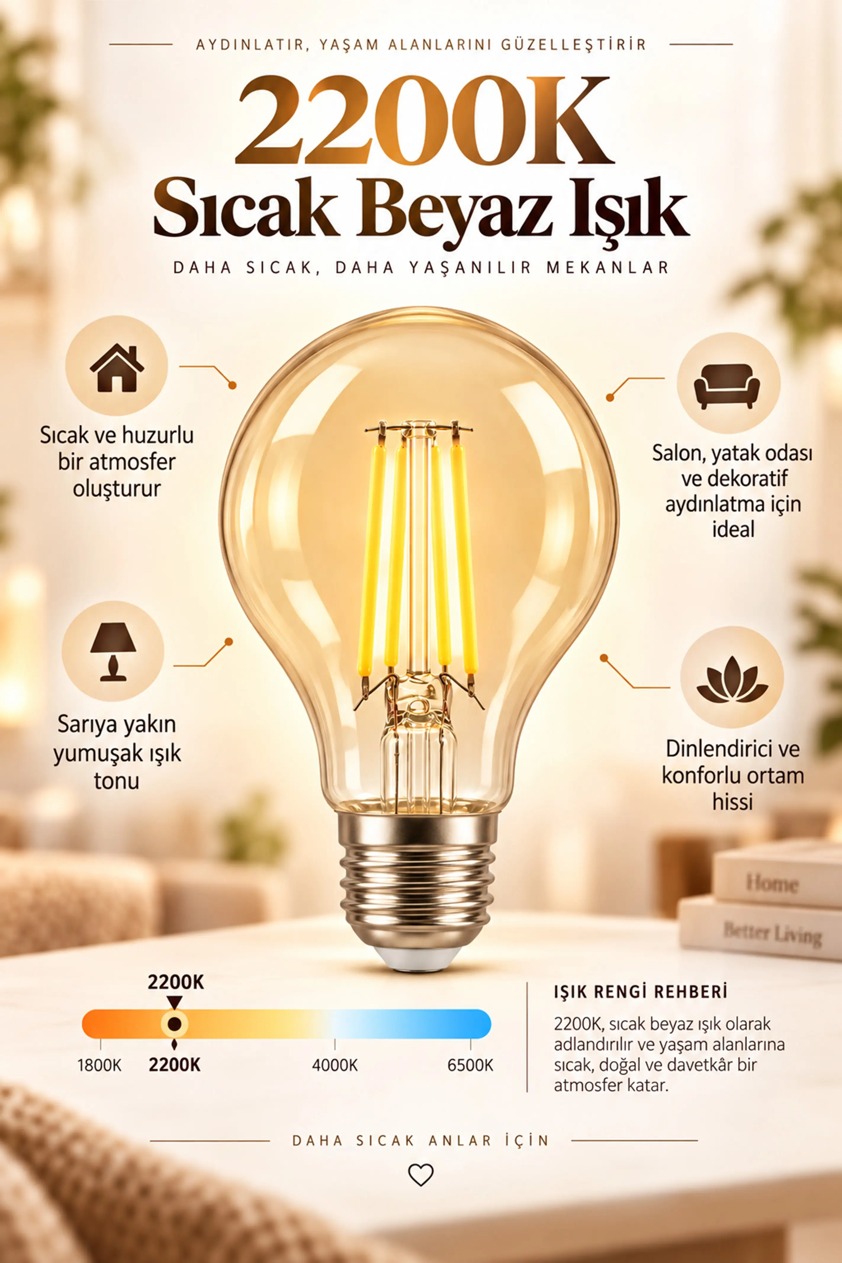 A60 Dimmerli Rustik Gün Işığı 2200K Amber LED Ampul Filament E27 Duylu Filamanlı Edison Ampül