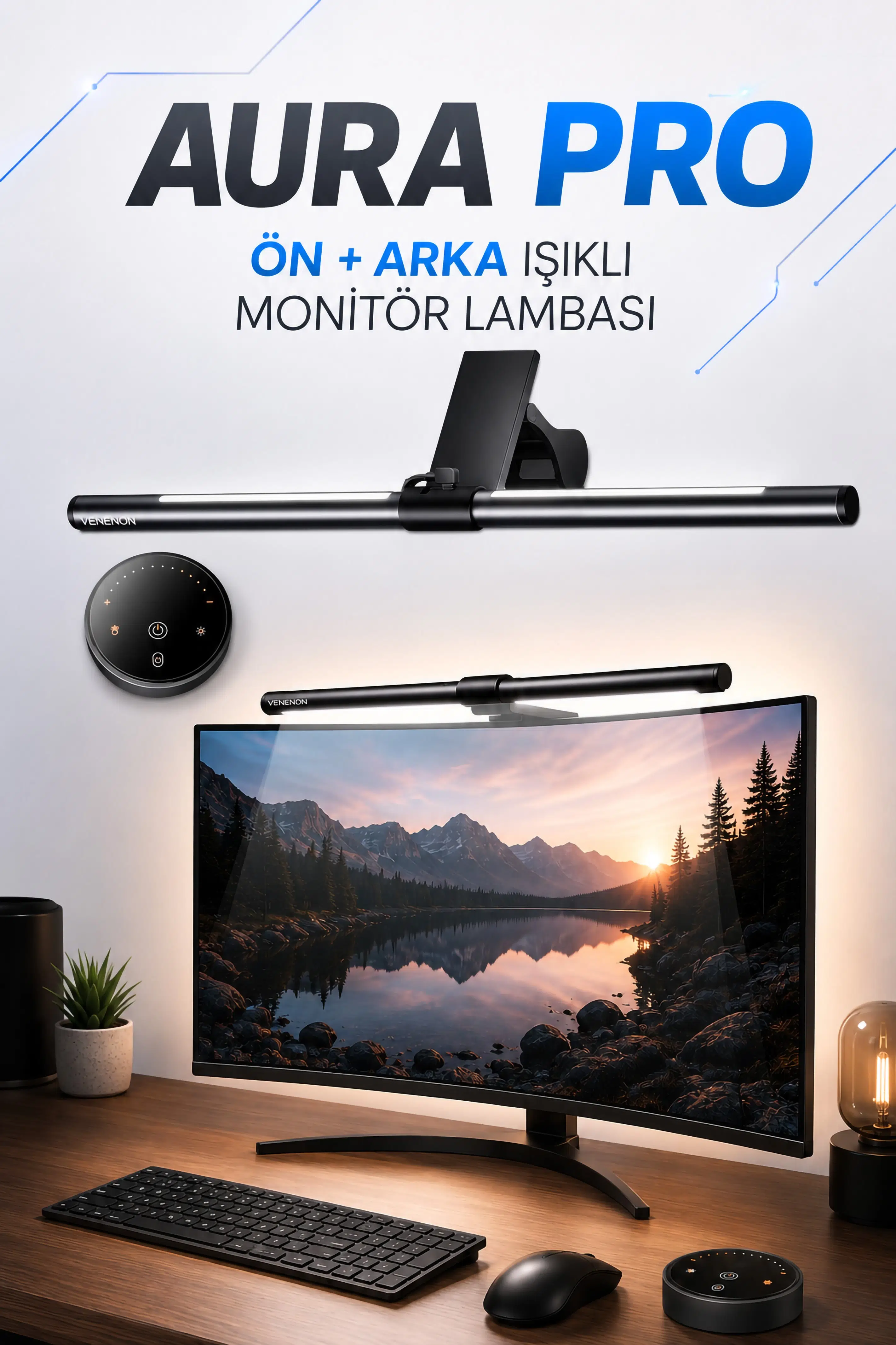 Aura-Pro Monitör Lambası Ön-Arka Işık Kumandalı Kademeli Parlaklık Renk Ayarlı Masa PC Ekran Işığı