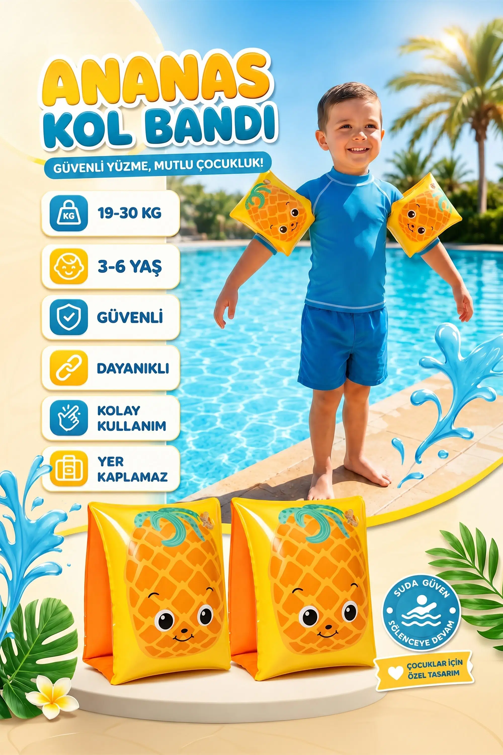 Çocuk Yüzme Kolluğu 19-30 Kg Şişme Deniz Havuz Yüzücü Kolluk Yüzme Kolluğu Ananas 32042