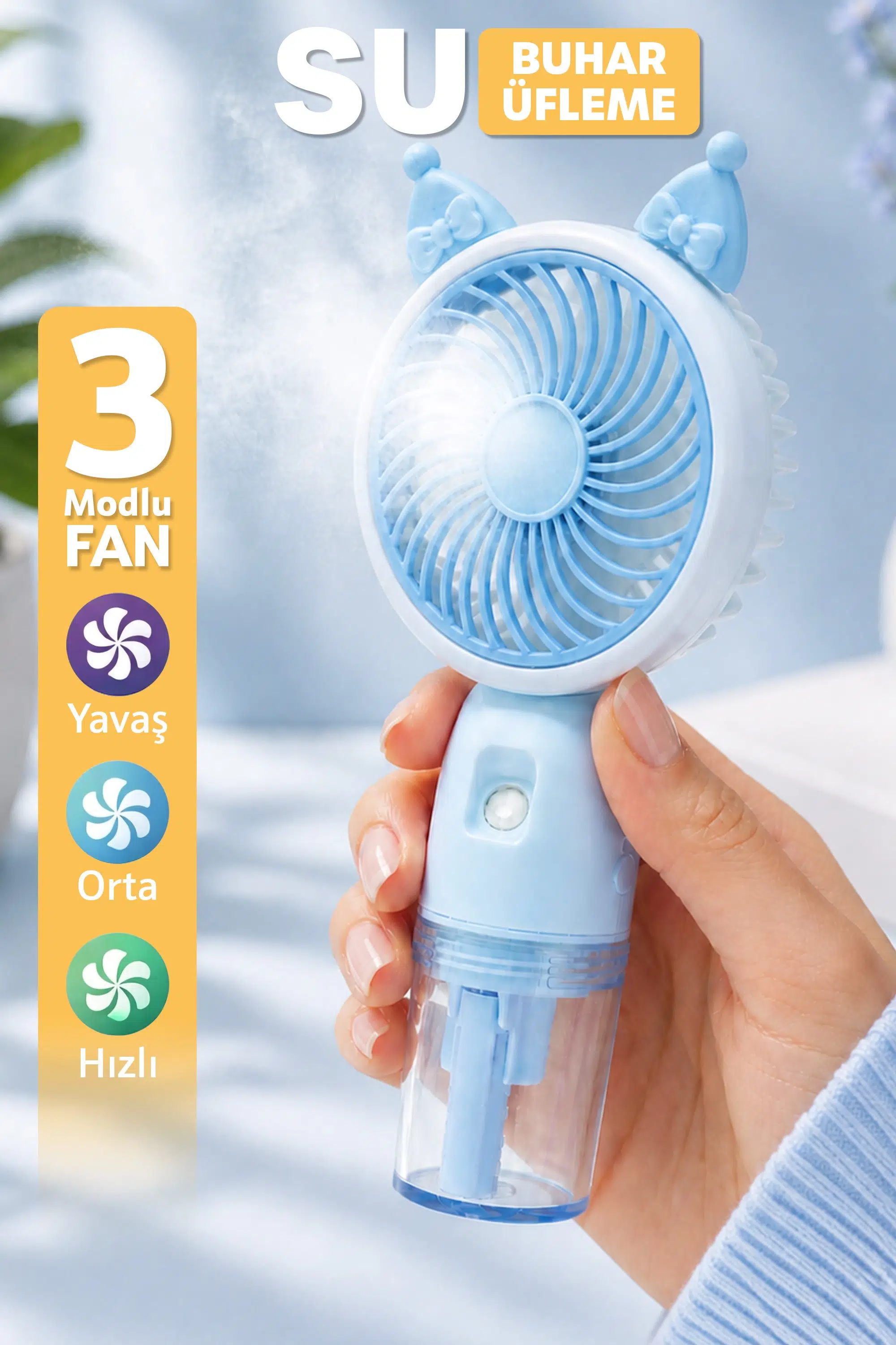 Buhar Üflemeli 3 MODLU Şarjlı El Fanı Seyahat Masaüstü Vantilatör Taşınabilir Mini Fan Mavi F830