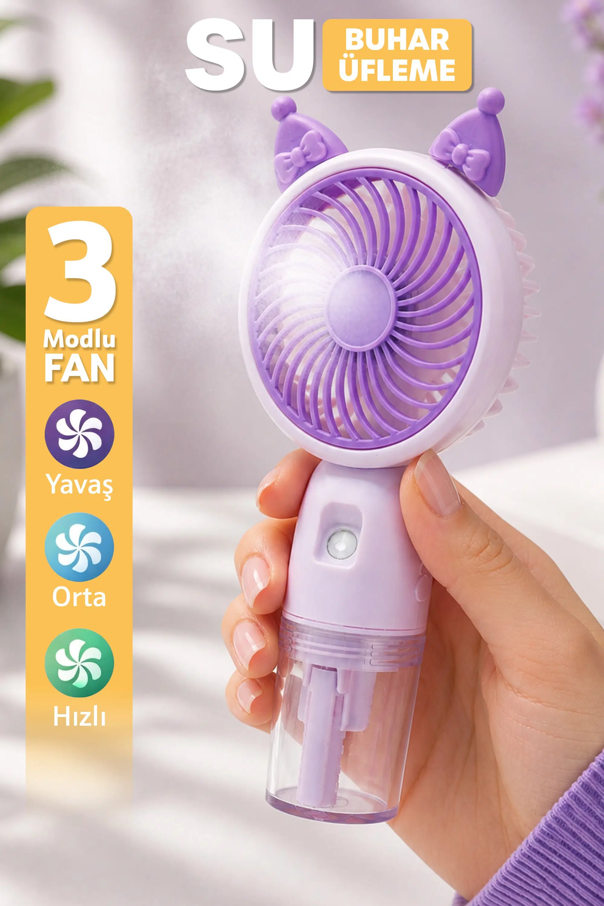 Buhar Üflemeli 3 MODLU Şarjlı El Fanı Seyahat Masaüstü Vantilatör Taşınabilir Mini Fan Mor F830