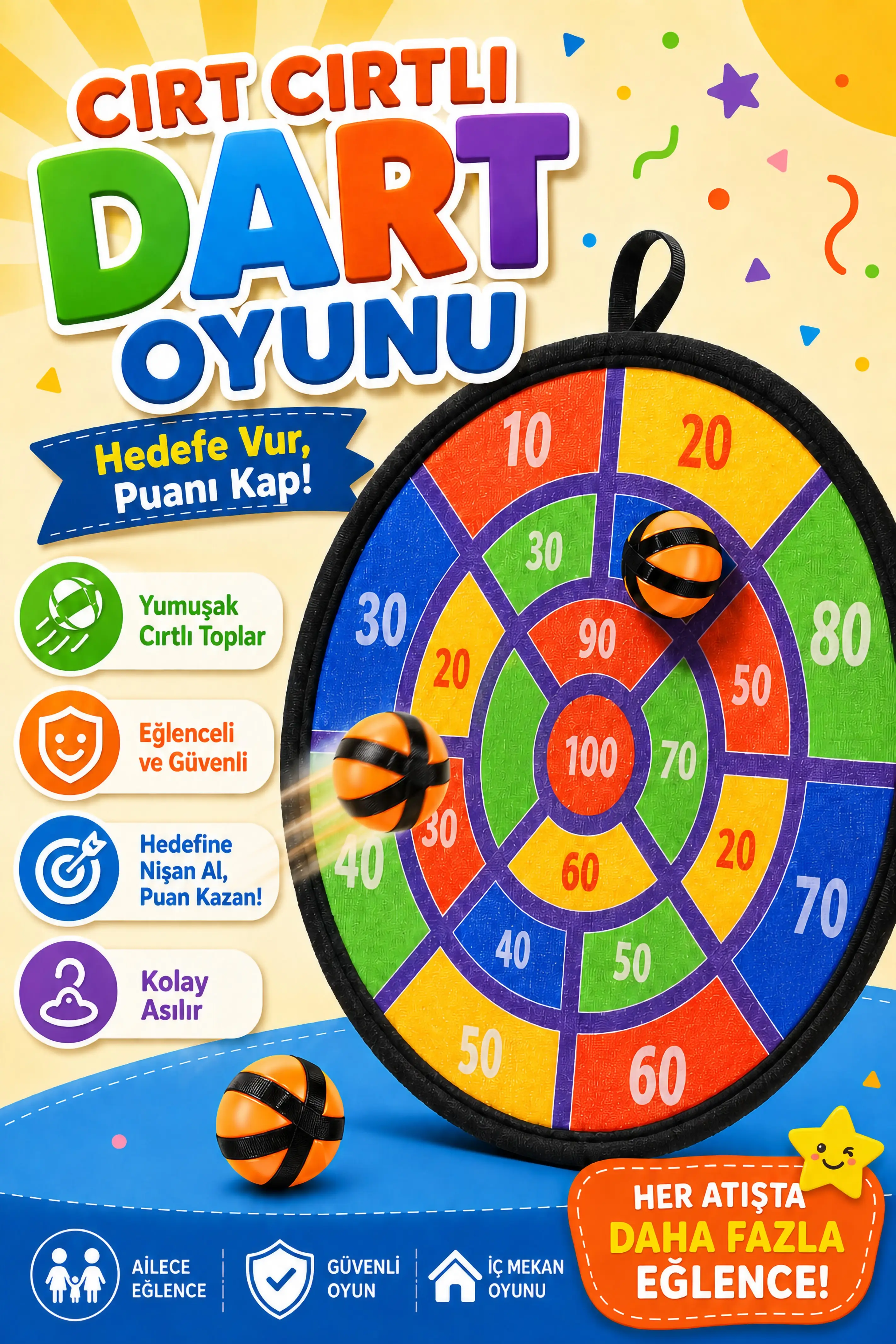 Cırt Cırtlı Dart Oyunu Seti Eğlenceli Hedef Tahtası 3 Toplu Dart Atış Oyunu Seti 36cm HED709