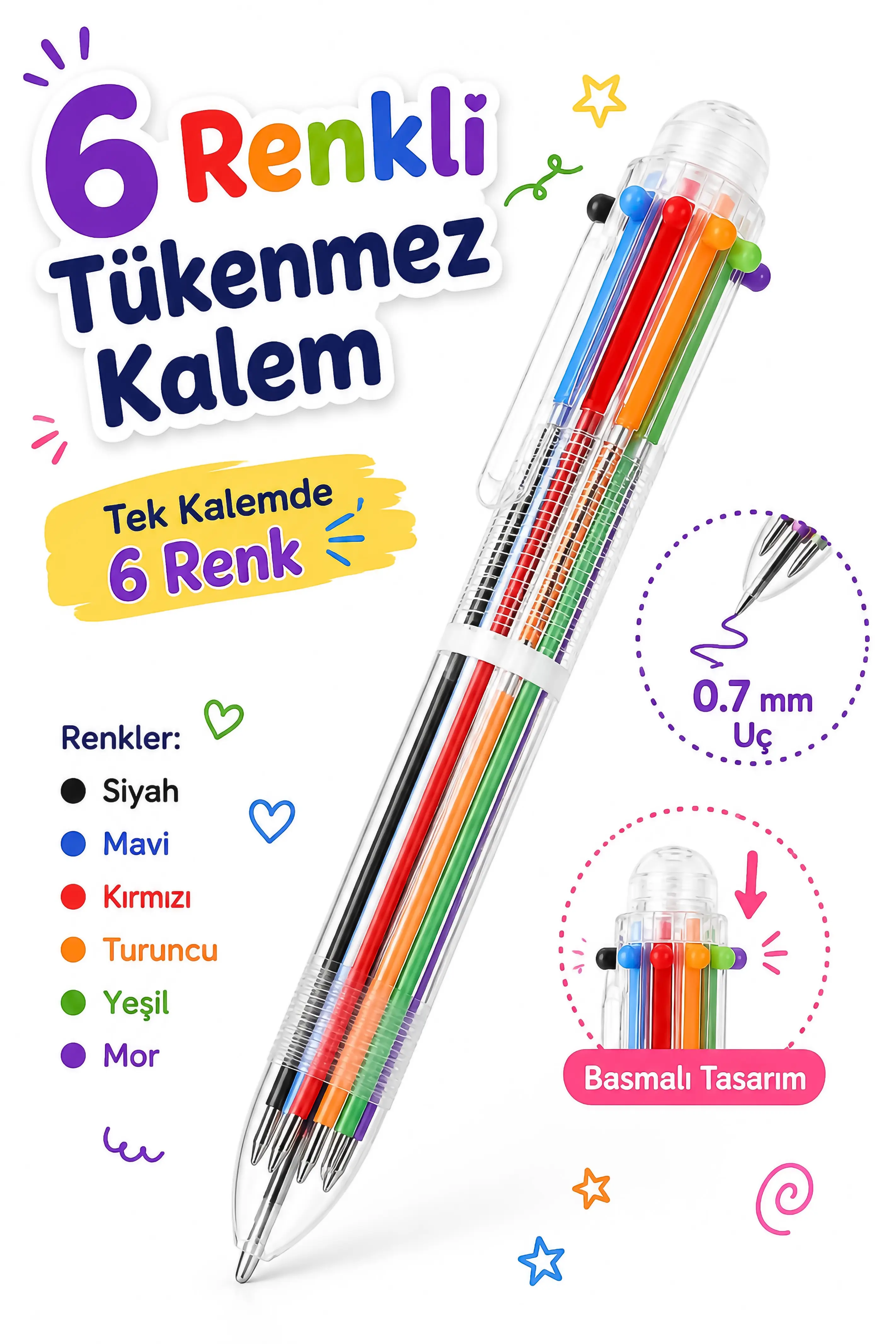 6 Renkli Basmalı Tükenmez Kalem Siyah Mavi Kırmızı Turuncu Yeşil Mor Çok Renkli Tükenmez Kalem P3515