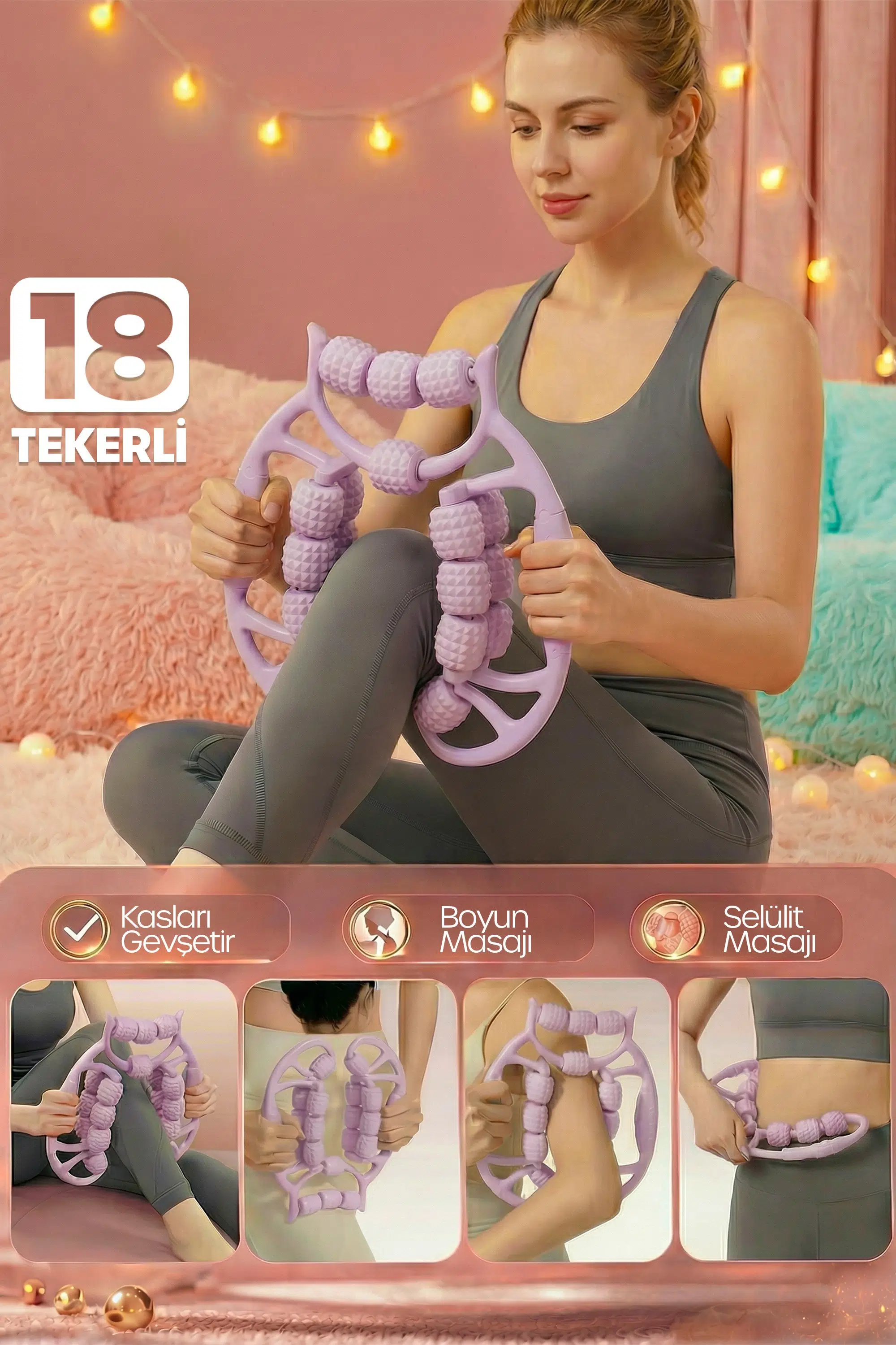 Kas Gevşetici Masaj Aleti 18 Tekerlekli Lenf Drenaj Rulosu Bacak Kol Selülit Önleyici Mor
