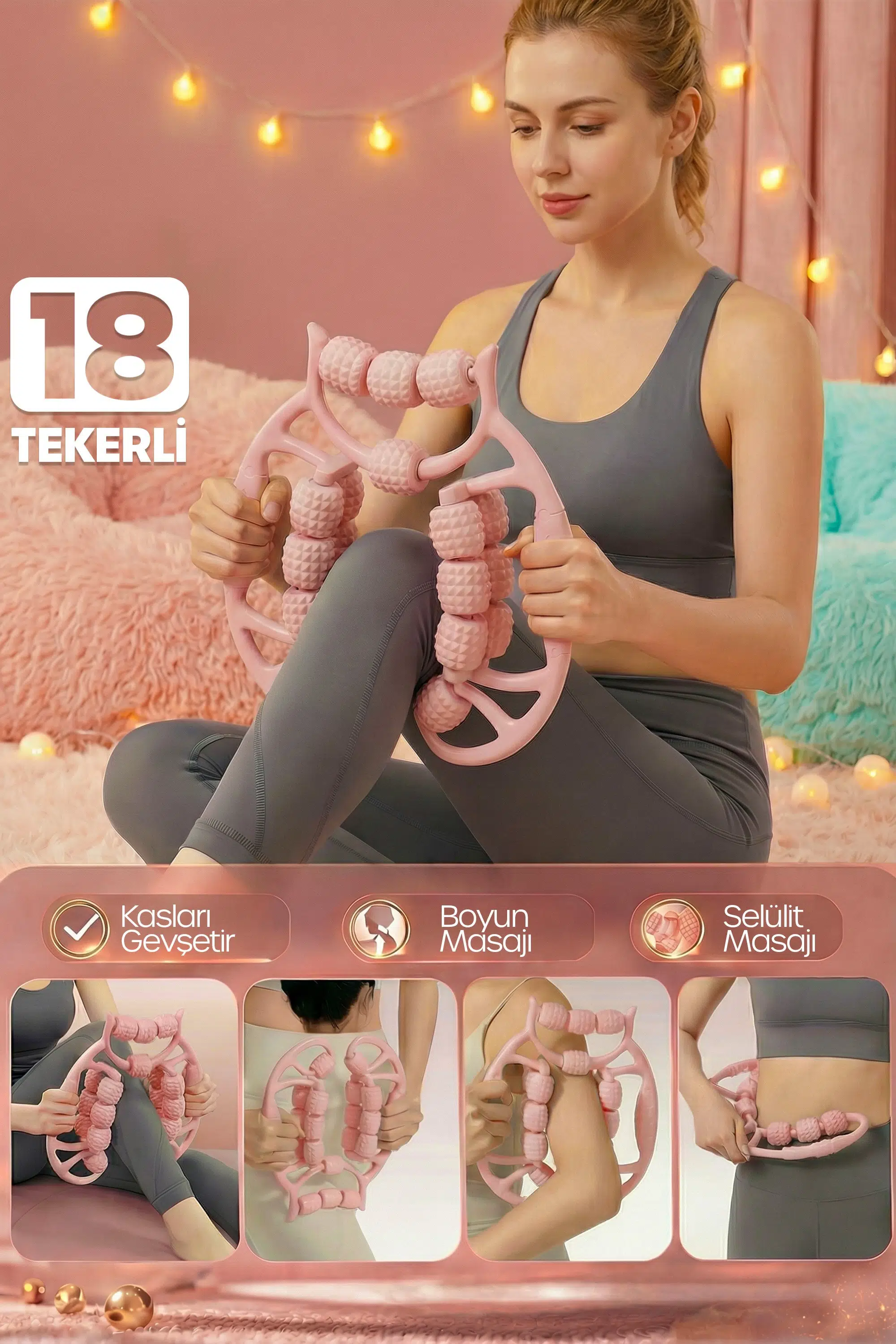 Kas Gevşetici Masaj Aleti 18 Tekerlekli Lenf Drenaj Rulosu Bacak Kol Selülit Önleyici Pembe