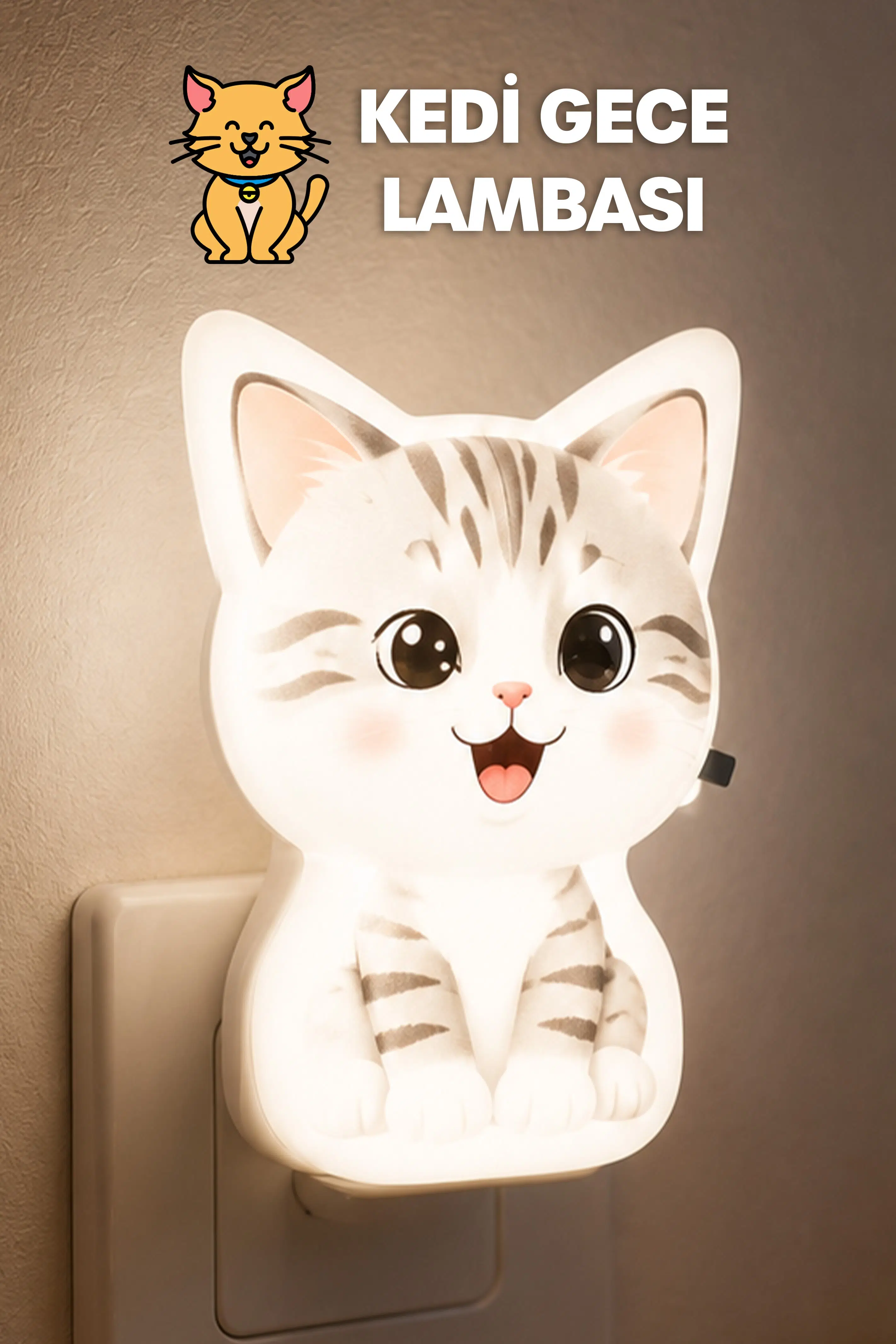 Kedi Gece Lambası ON/OFF Tuşlu Koridor Hol Işığı Uyuma Işığı Beyaz GC19