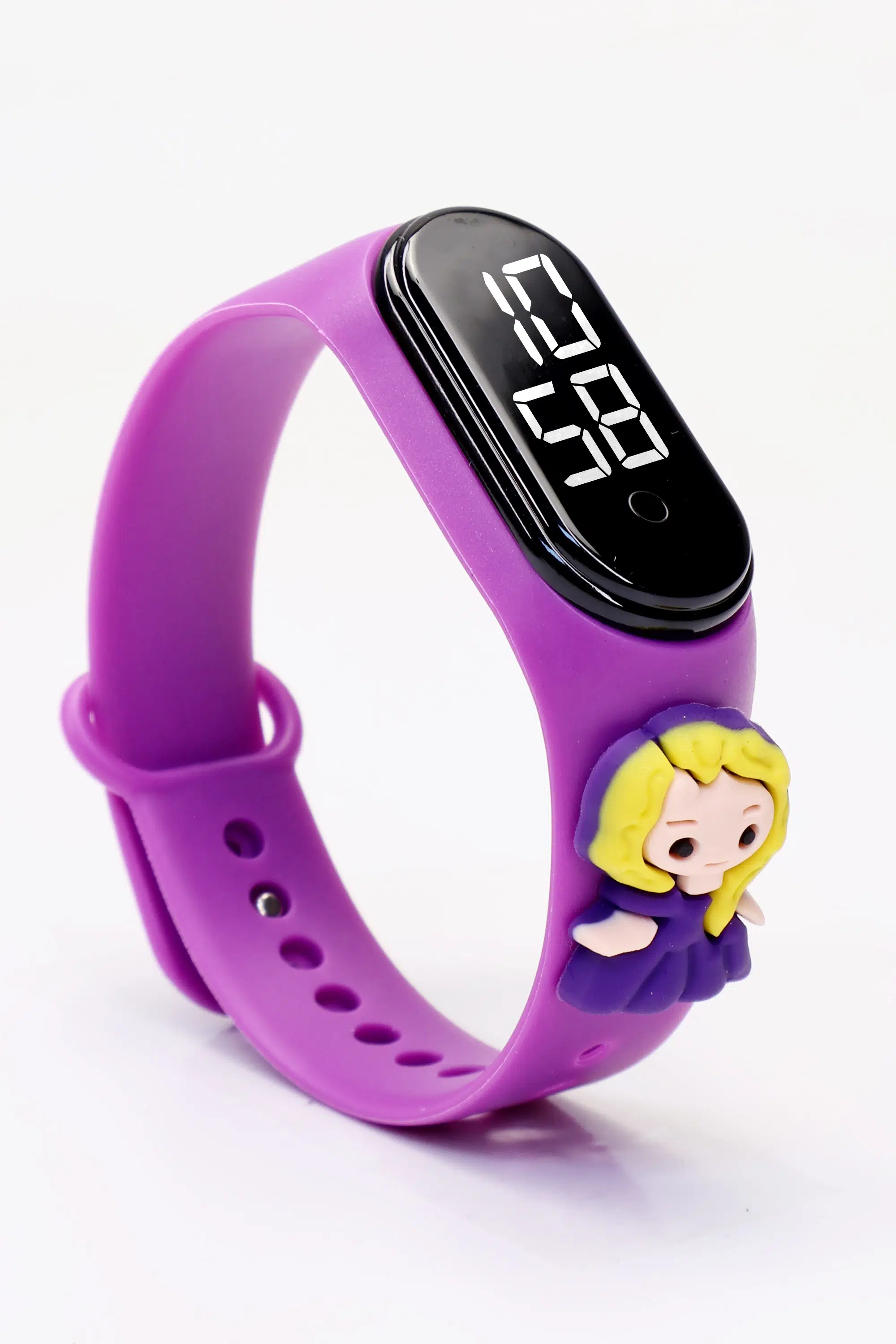 Kız Figürlü Dijital LED Takvimli Çocuk Kol Saati Dokunmatik Tuşlu Su Geçirmez Mor-Kız