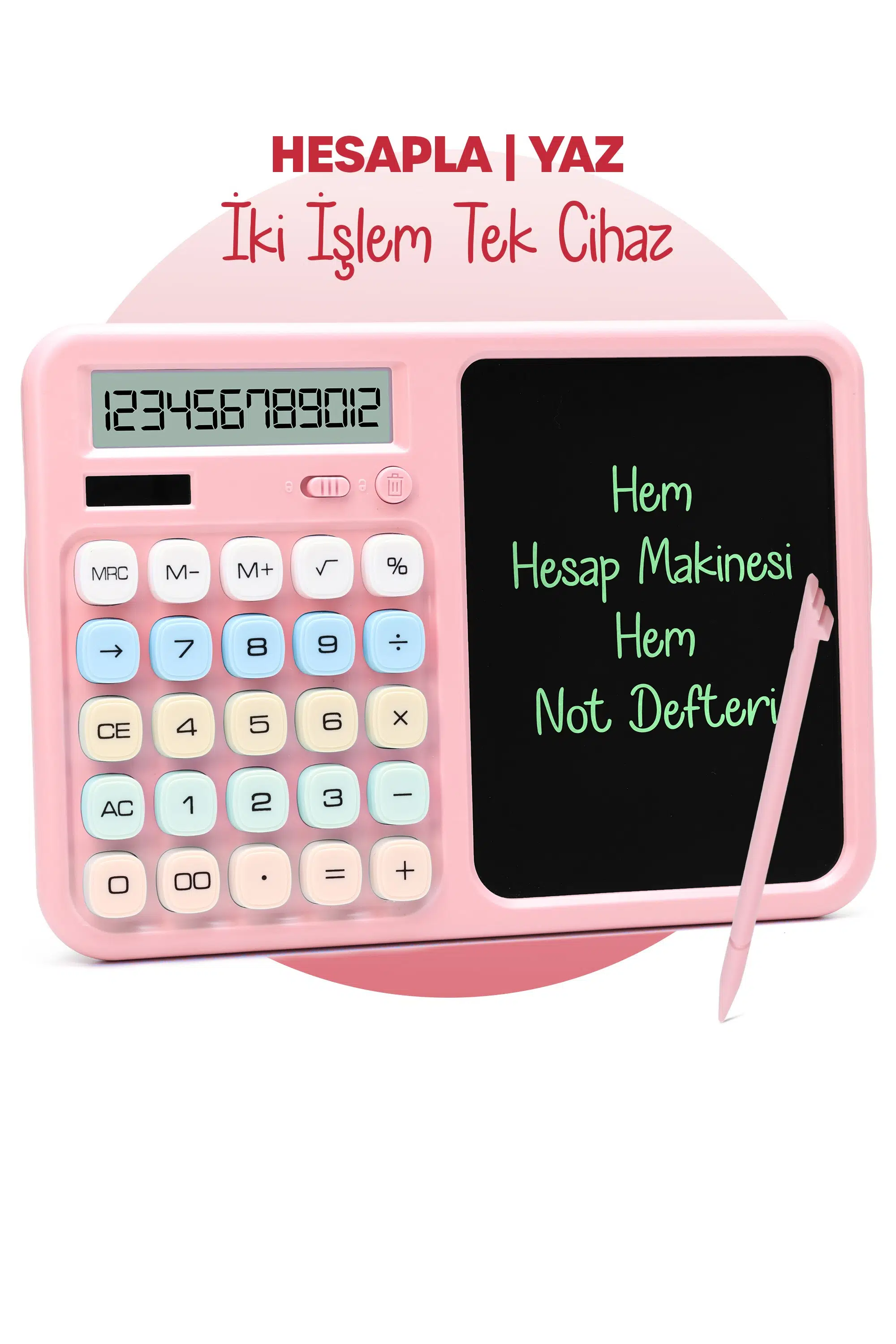 LCD Ekran Yazı Tahtalı Hesap Makinesi 12 Haneli Tabletli Hesap Makinesi Pastel Pembe
