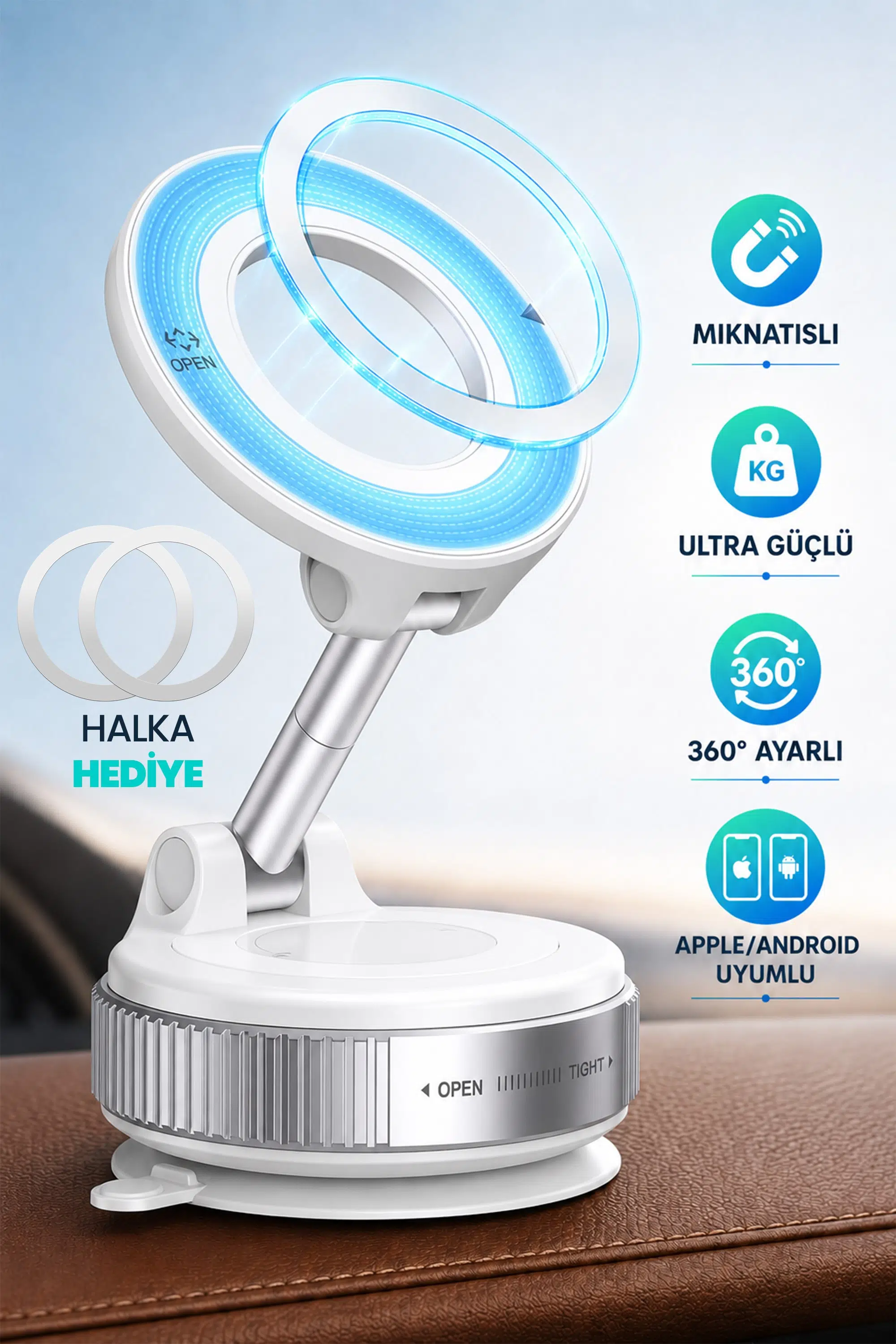 MagnetPRO 360° Ayarlanabilir Araç İçi Masa Üstü Vakumlu Mıknatıslı Magsafe Telefon Tutucu Beyaz