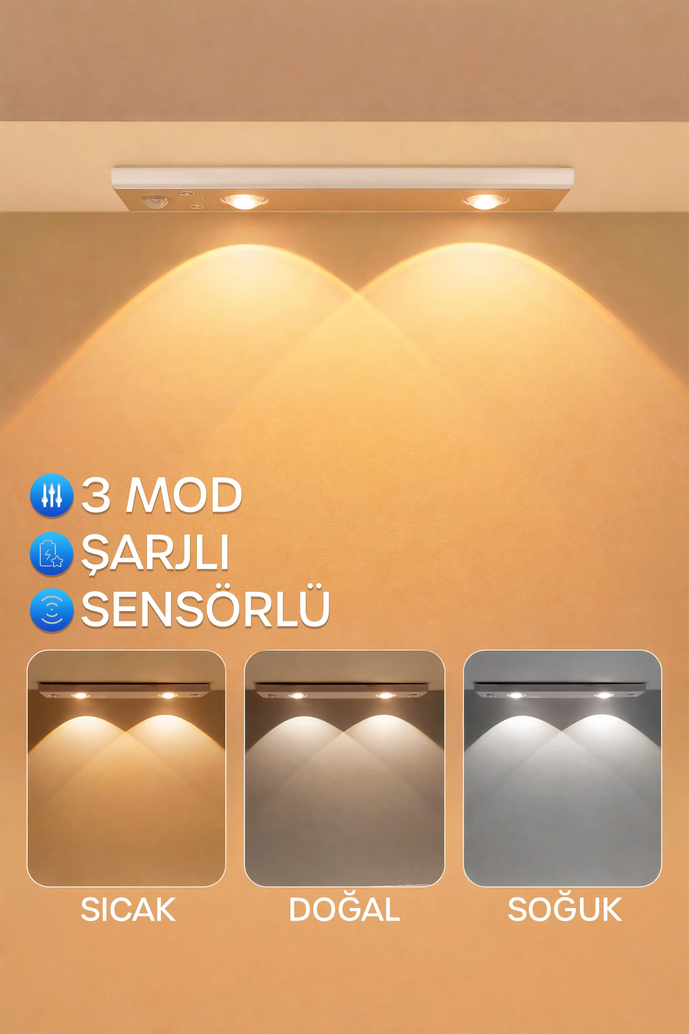 Mutfak Tezgah Altı Şarjlı Hareket Sensörlü Cabinet Dolap Işığı Çekmece İçi Koridor Lambası 30 cm 02