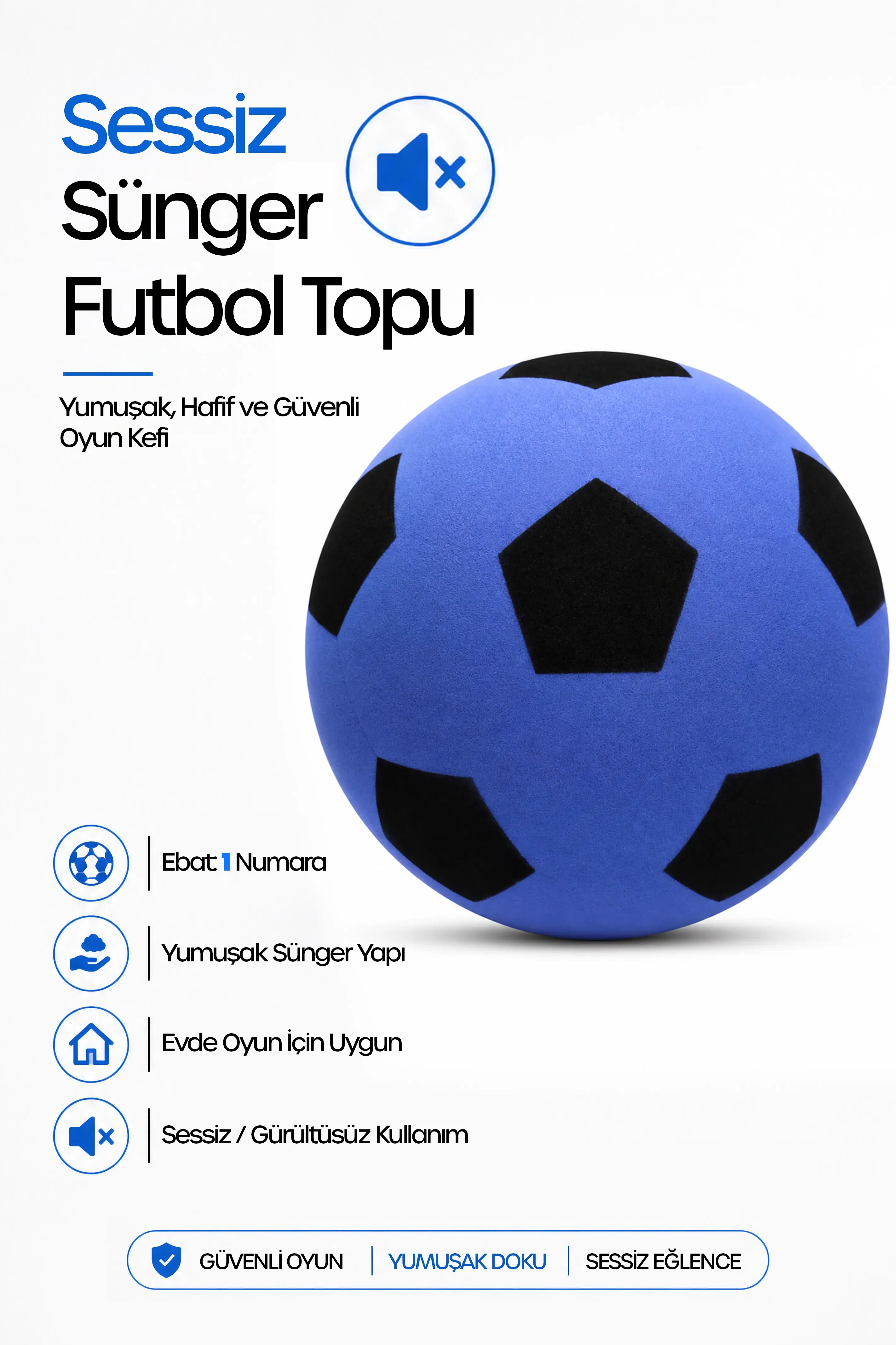 No:1 Futbol Topu Sessiz Sünger Gürültüsüz Yumuşak Evde Oynamaya Uygun Futbol Topu Mavi SFT6
