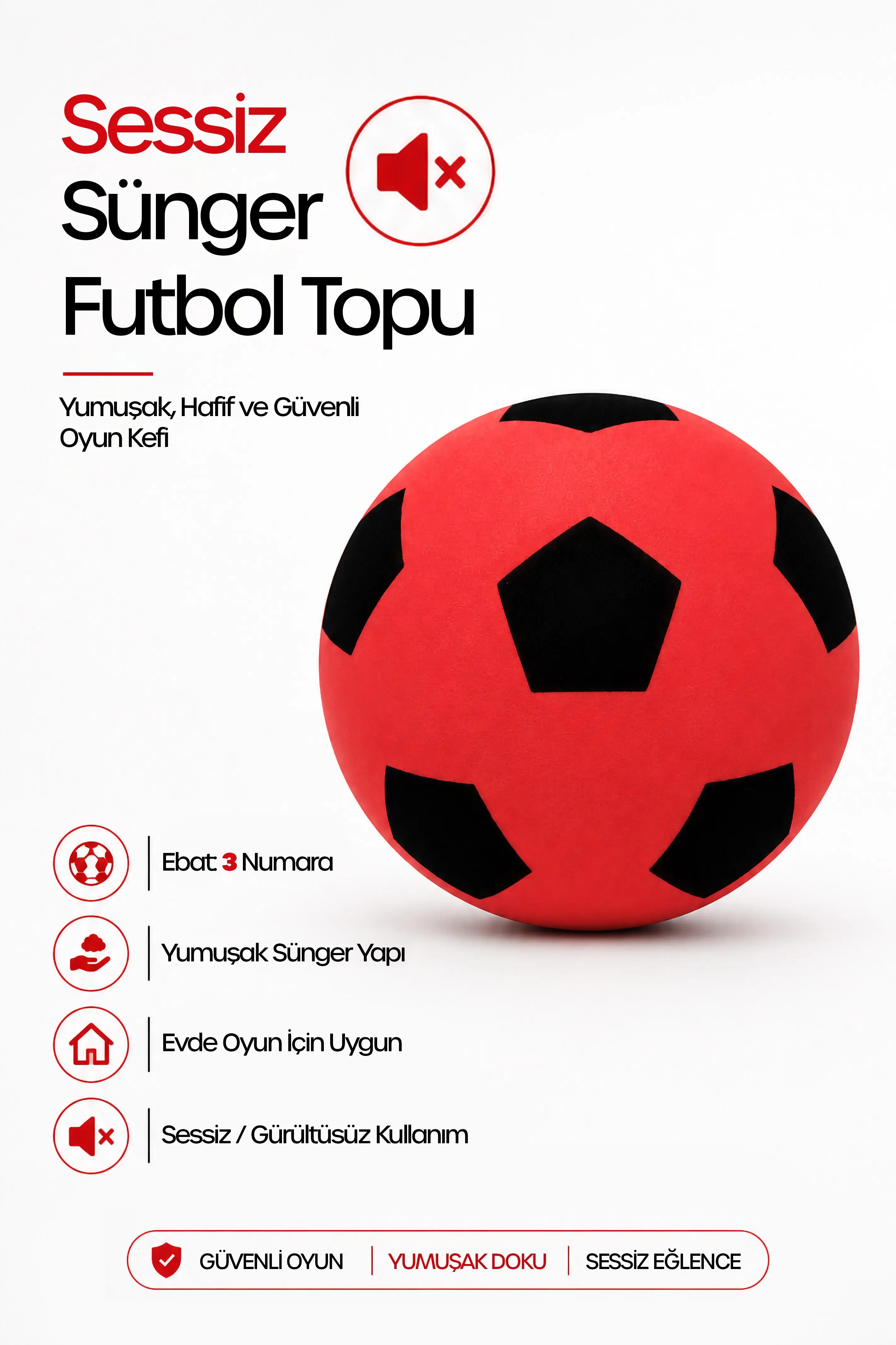 No:3 Futbol Topu Sessiz Sünger Gürültüsüz Yumuşak Evde Oynamaya Uygun Futbol Topu Kırmızı SFT7