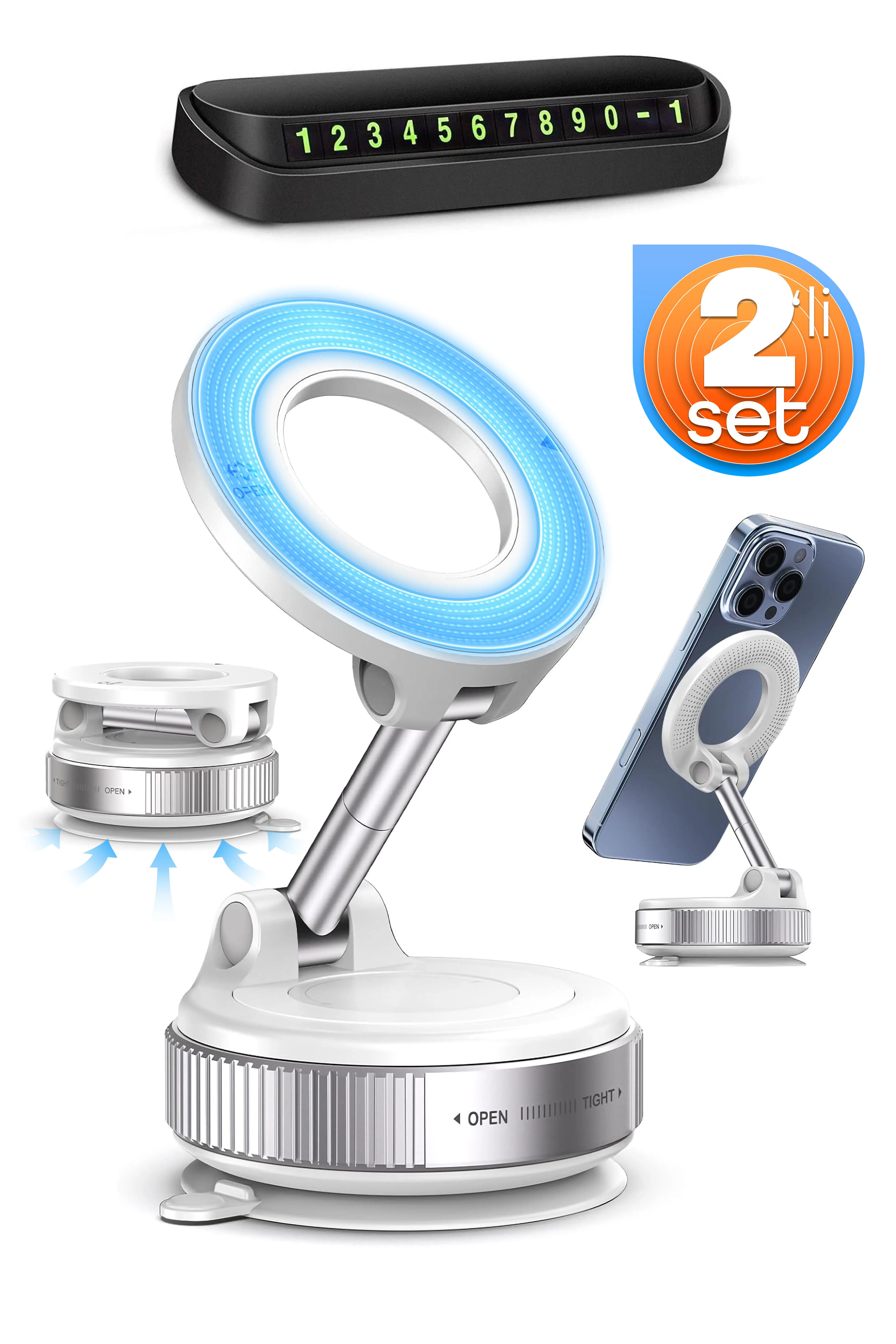 Numaratör + MagnetPRO Ayarlanabilir Araç İçi Masa Üstü Vakumlu Mıknatıslı Telefon Tutucu Beyaz