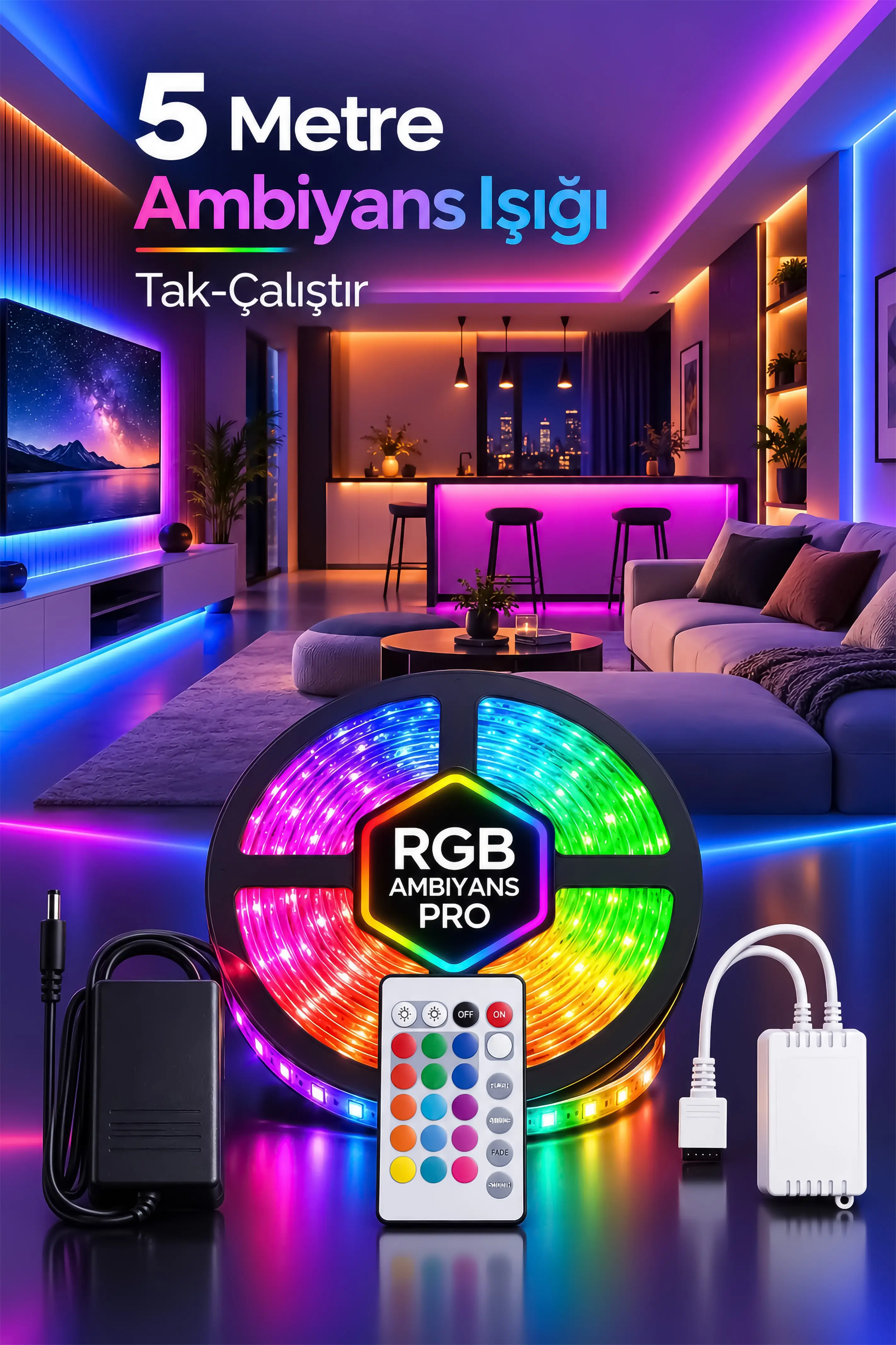 RGB Şerit Led Kumandalı 5 Metre 4 Animasyonlu 16 Renk Tak Çalıştır Şerit LED Işık Aydınlatma 