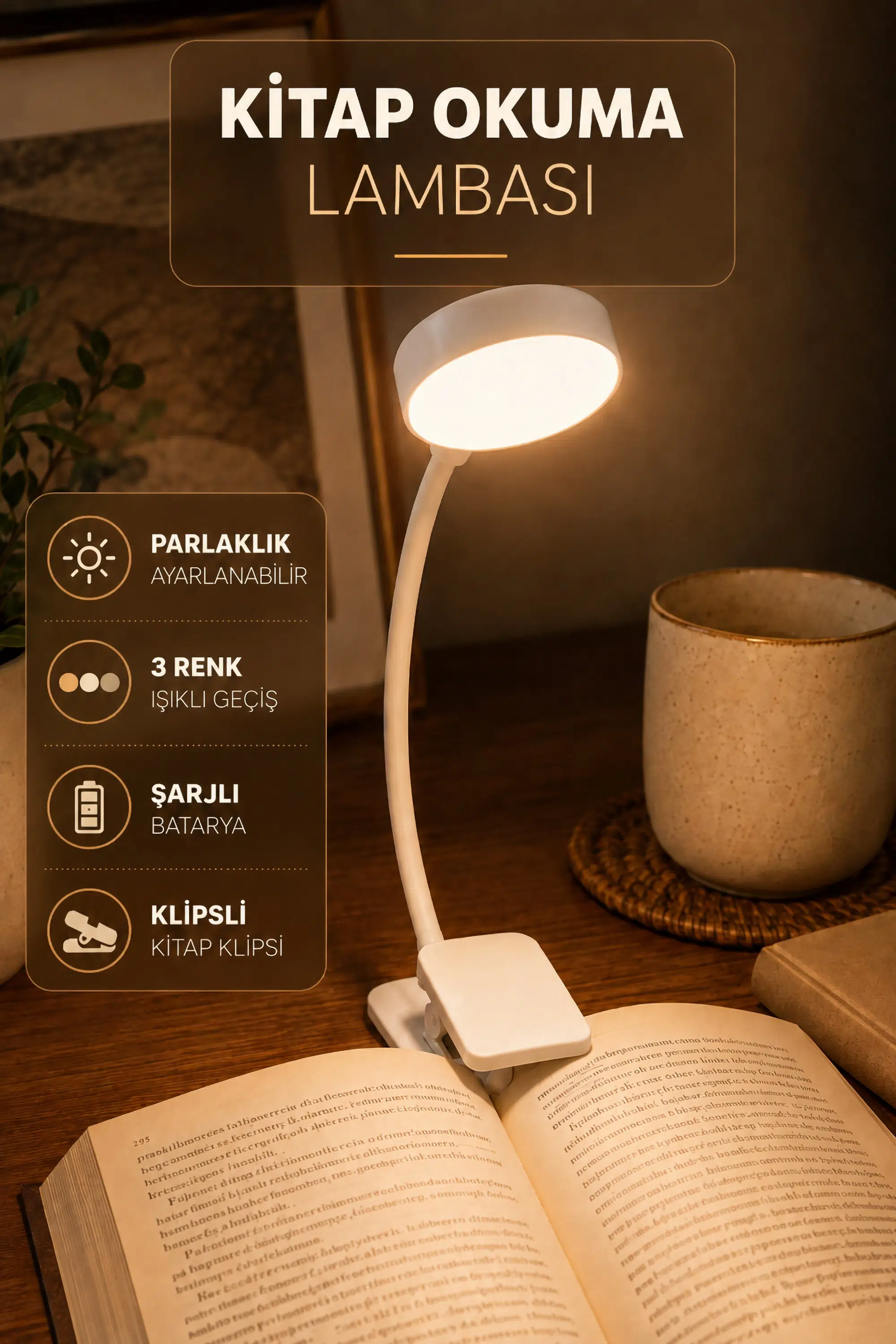 Şarjlı Ayarlı Klipsli Mini Kitap Okuma Lambası Mandallı Işık Masa Lambası Kitap Okuma Işığı AV3310