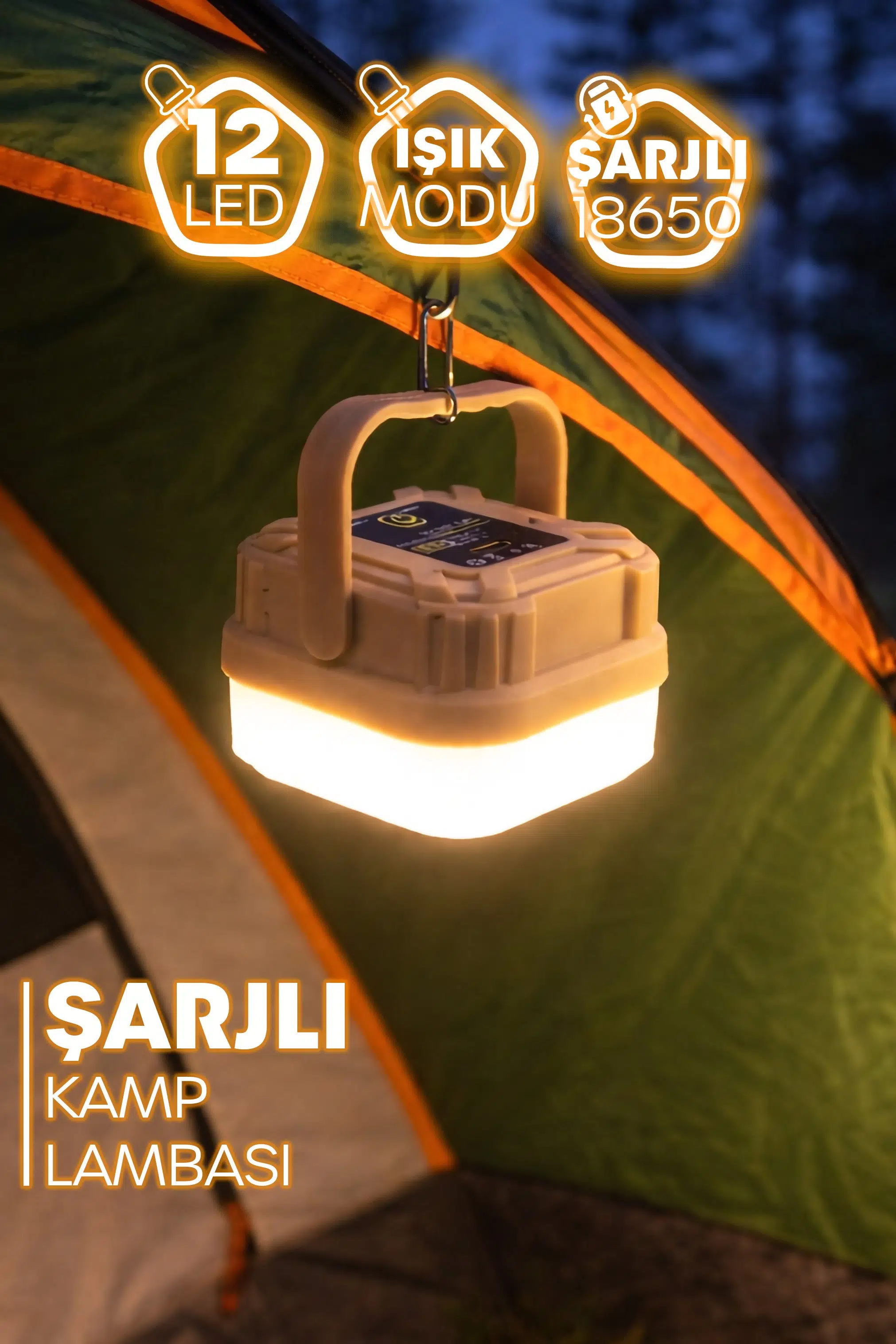 Şarjlı Mini Kamp Lambası 3 MODLU Orta-Yüksek Işık Askılı Işıldak Kamp El Feneri Kare 358