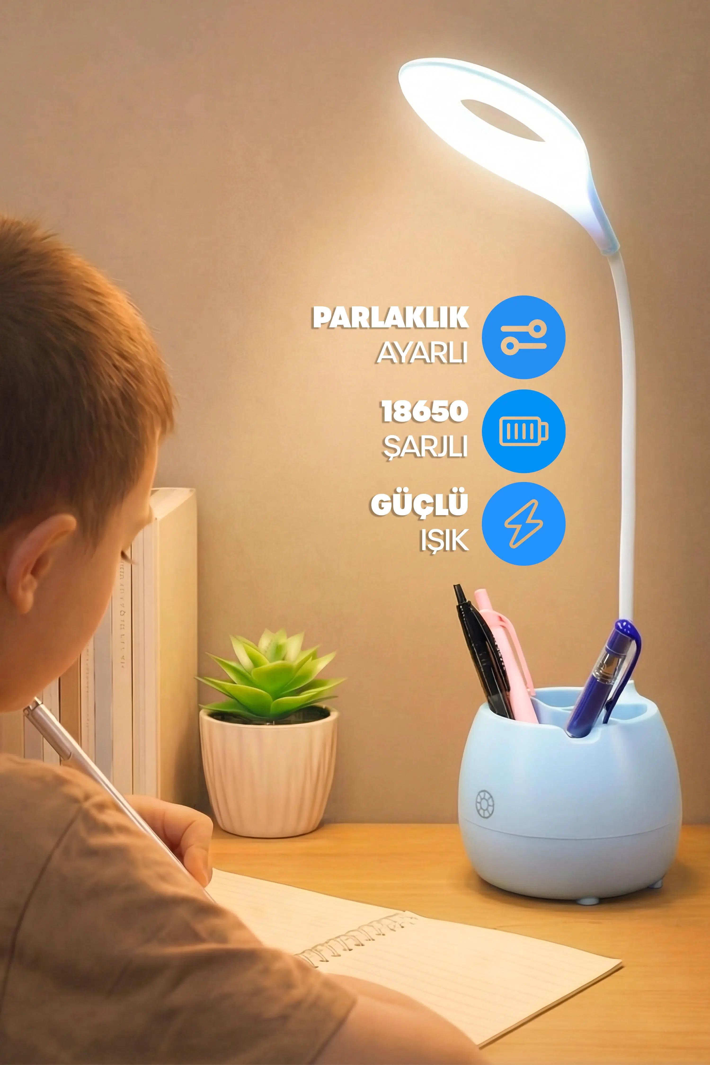 Şarjlı Masa Lambası Işık Ayarlanabilir Kalemlik Telefon Stand Ders Çalışma Okuma Işığı 0620 Turkuaz