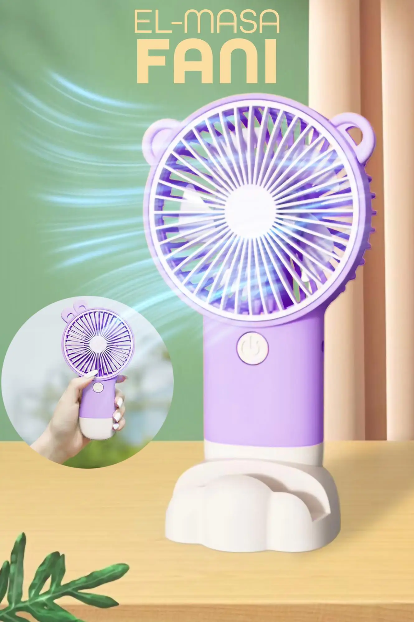 Şarjlı Telefon Standlı Mini El Fanı Seyahat Masaüstü Vantilatör Taşınabilir Mini Fan Mor 0808