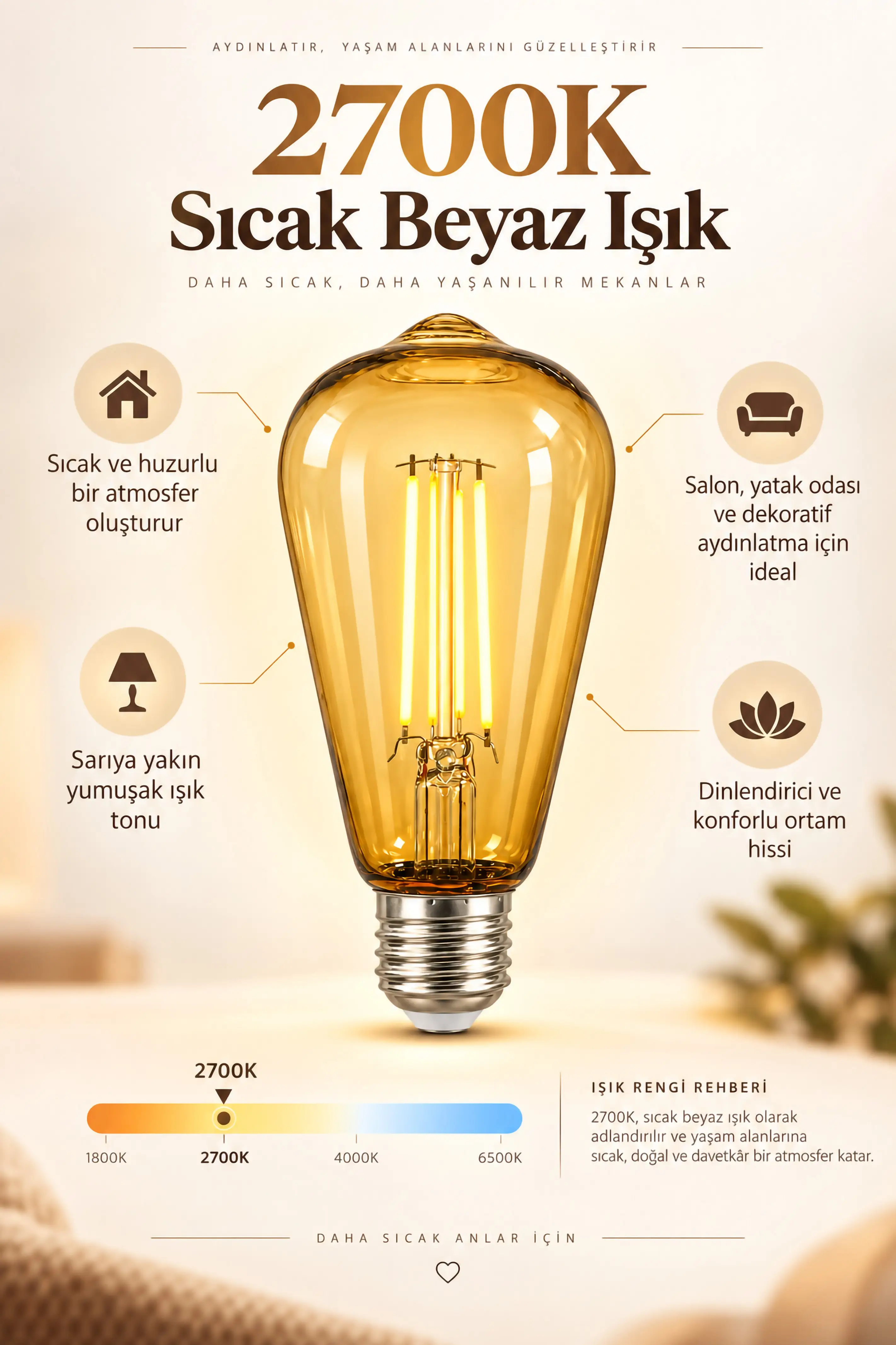 ST64 Dimmerli Rustik Gün Işığı 2700K Amber LED Ampul Filament E27 Duylu Filamanlı Edison Ampül