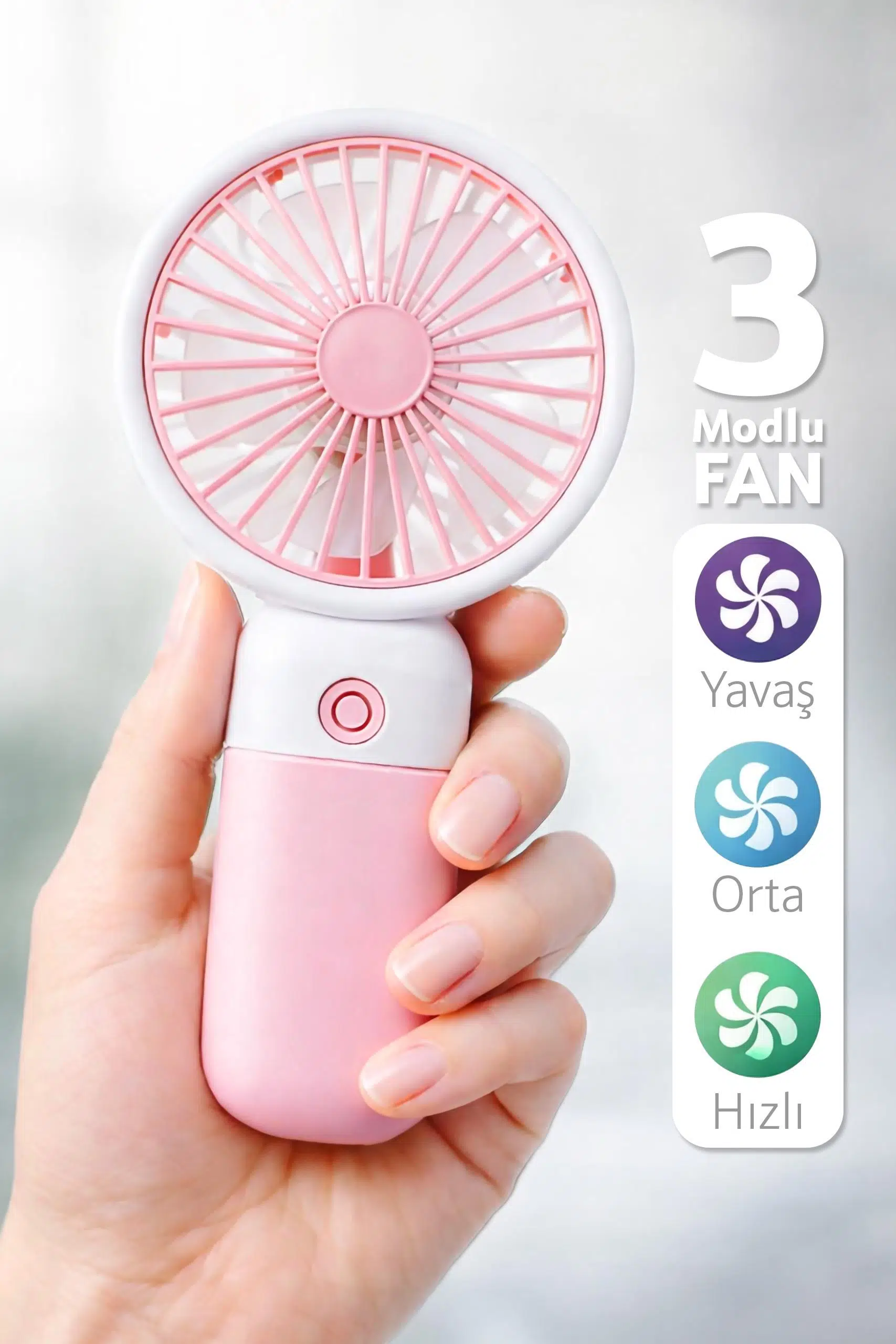 Standlı 3 MOD Şarjlı El Fanı 3 Kademe Seyahat Masaüstü Vantilatör Taşınabilir Mini Fan Pembe F139