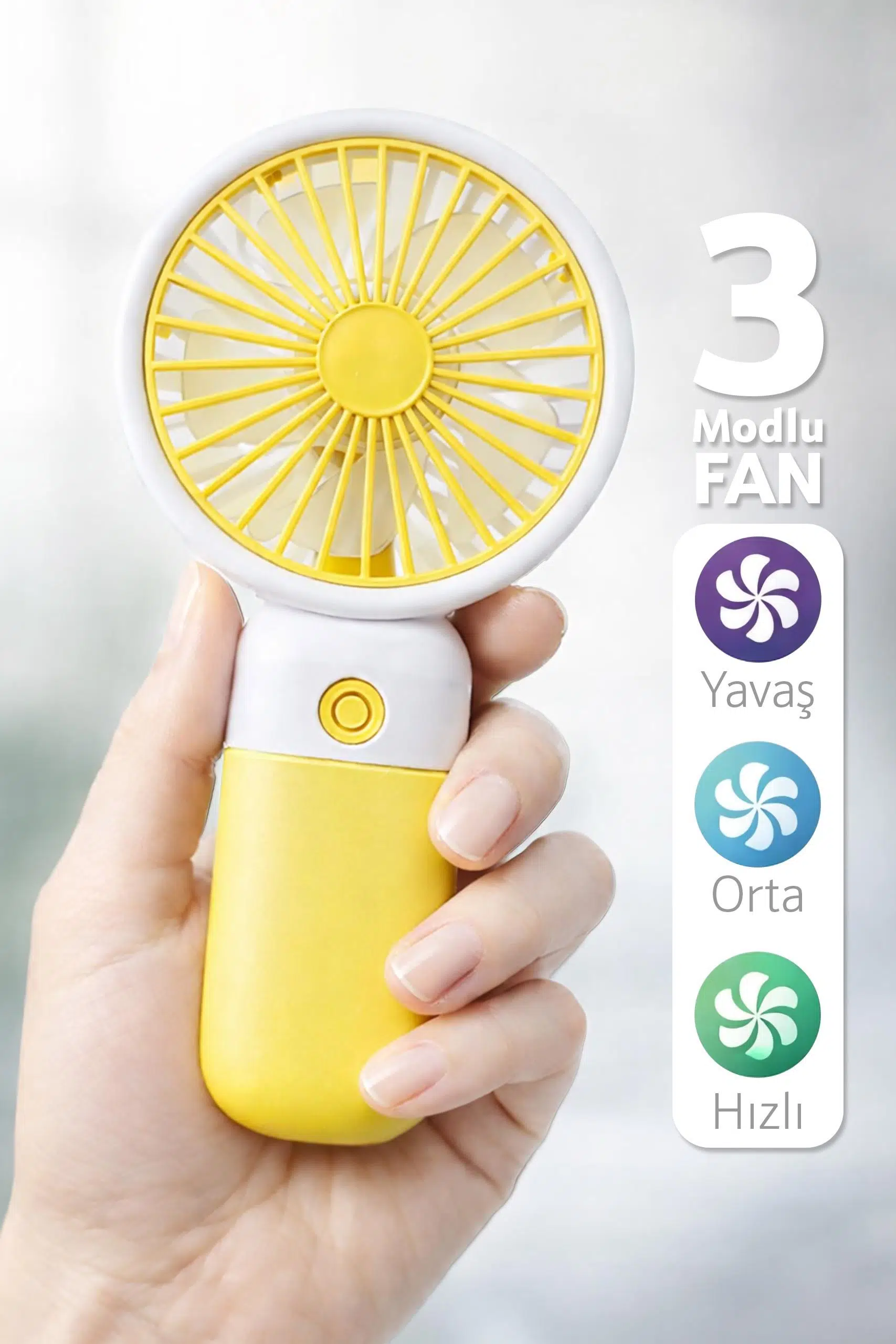 Standlı 3 MOD Şarjlı El Fanı 3 Kademe Seyahat Masaüstü Vantilatör Taşınabilir Mini Fan Sarı F139