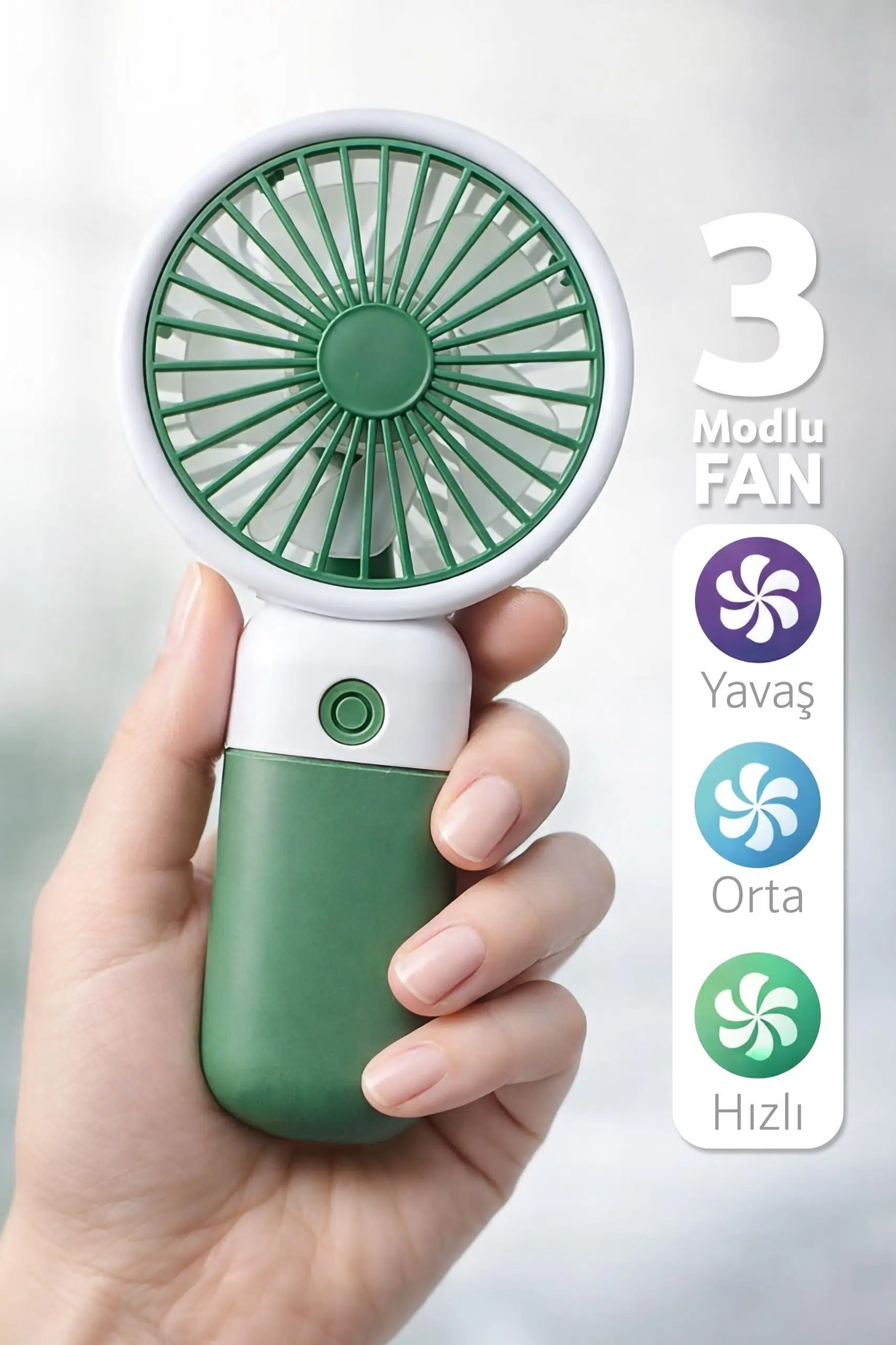 Standlı 3 MOD Şarjlı El Fanı 3 Kademe Seyahat Masaüstü Vantilatör Taşınabilir Mini Fan Yeşil F139