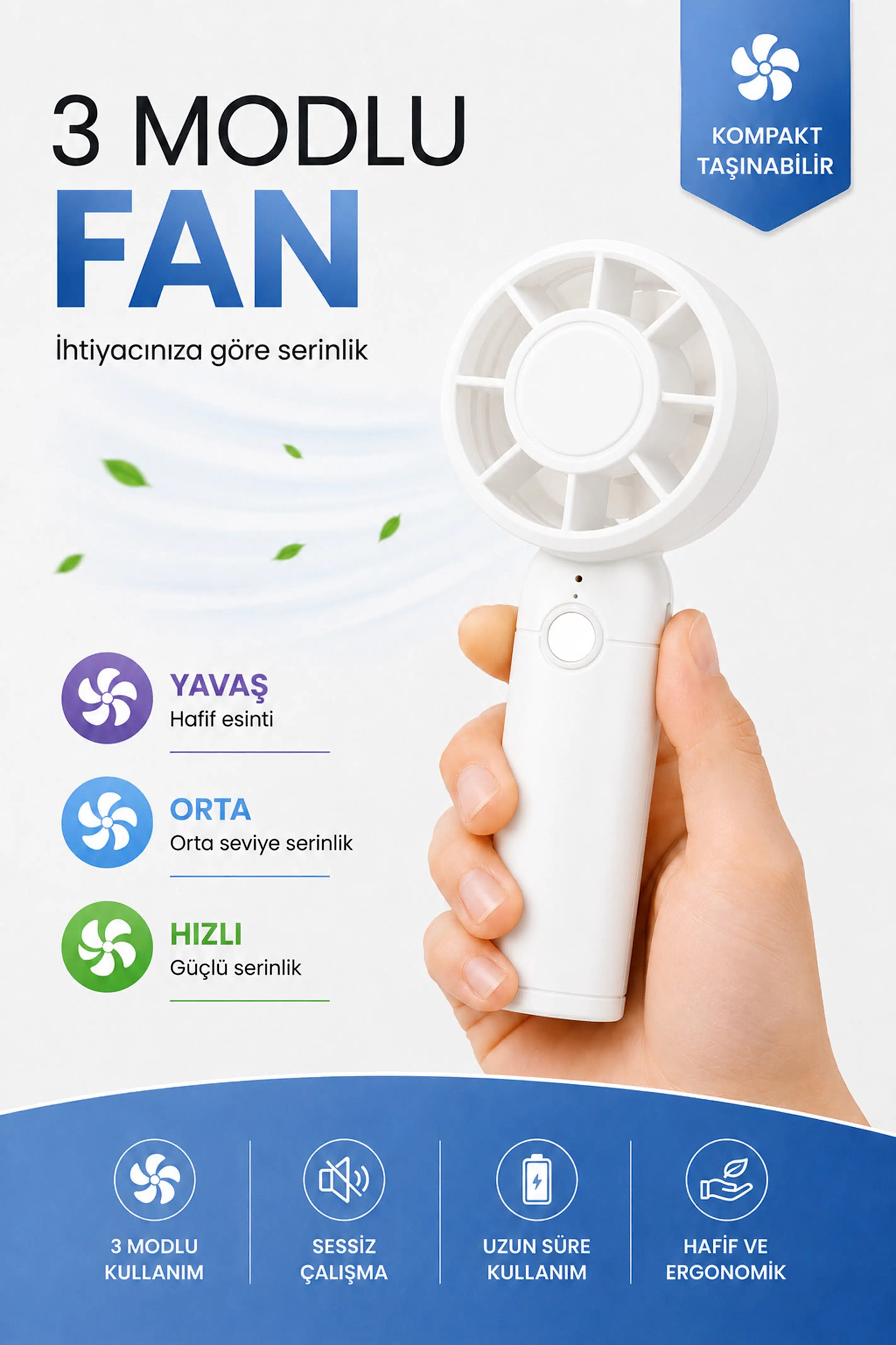 Turbo 3 MOD Şarjlı El Fanı 3 Kademe Seyahat Masaüstü Vantilatör Taşınabilir Mini Fan Beyaz F130
