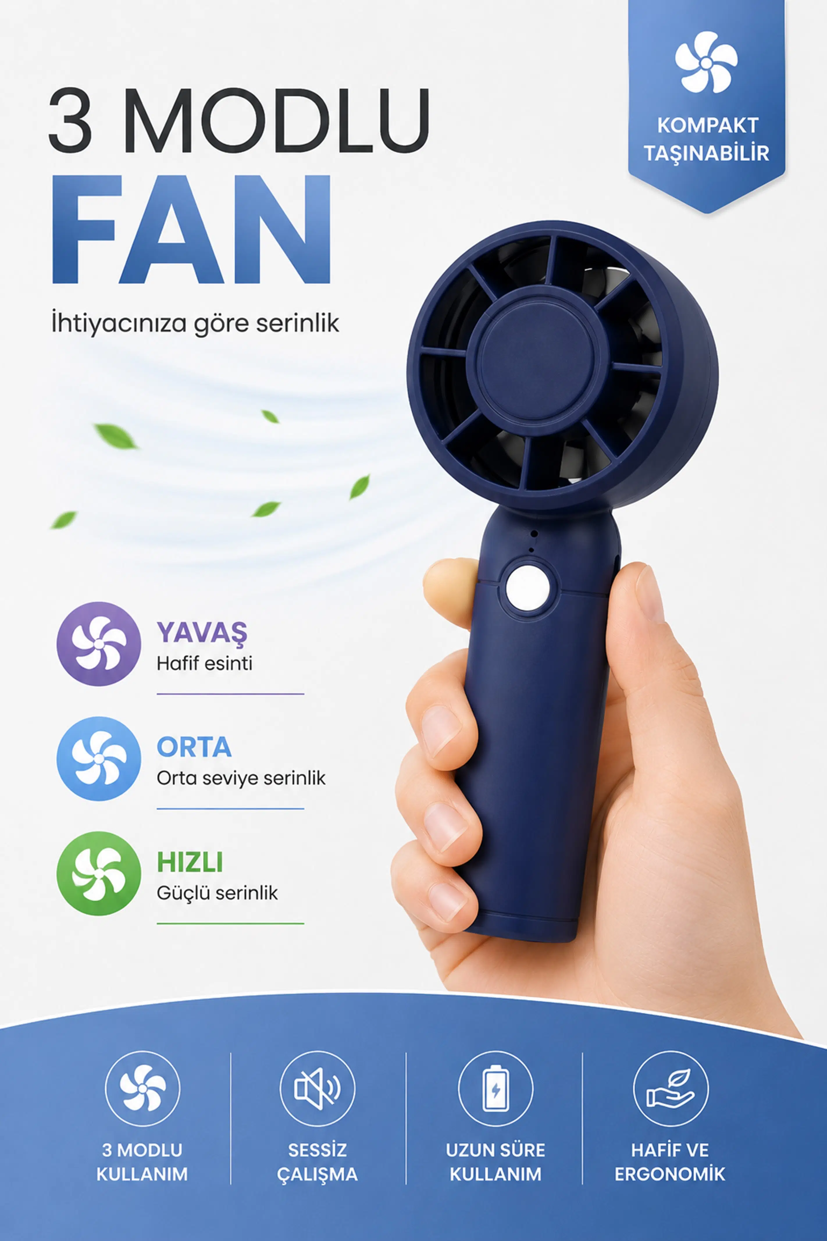 Turbo 3 MOD Şarjlı El Fanı 3 Kademe Seyahat Masaüstü Vantilatör Taşınabilir Mini Fan Mavi F130